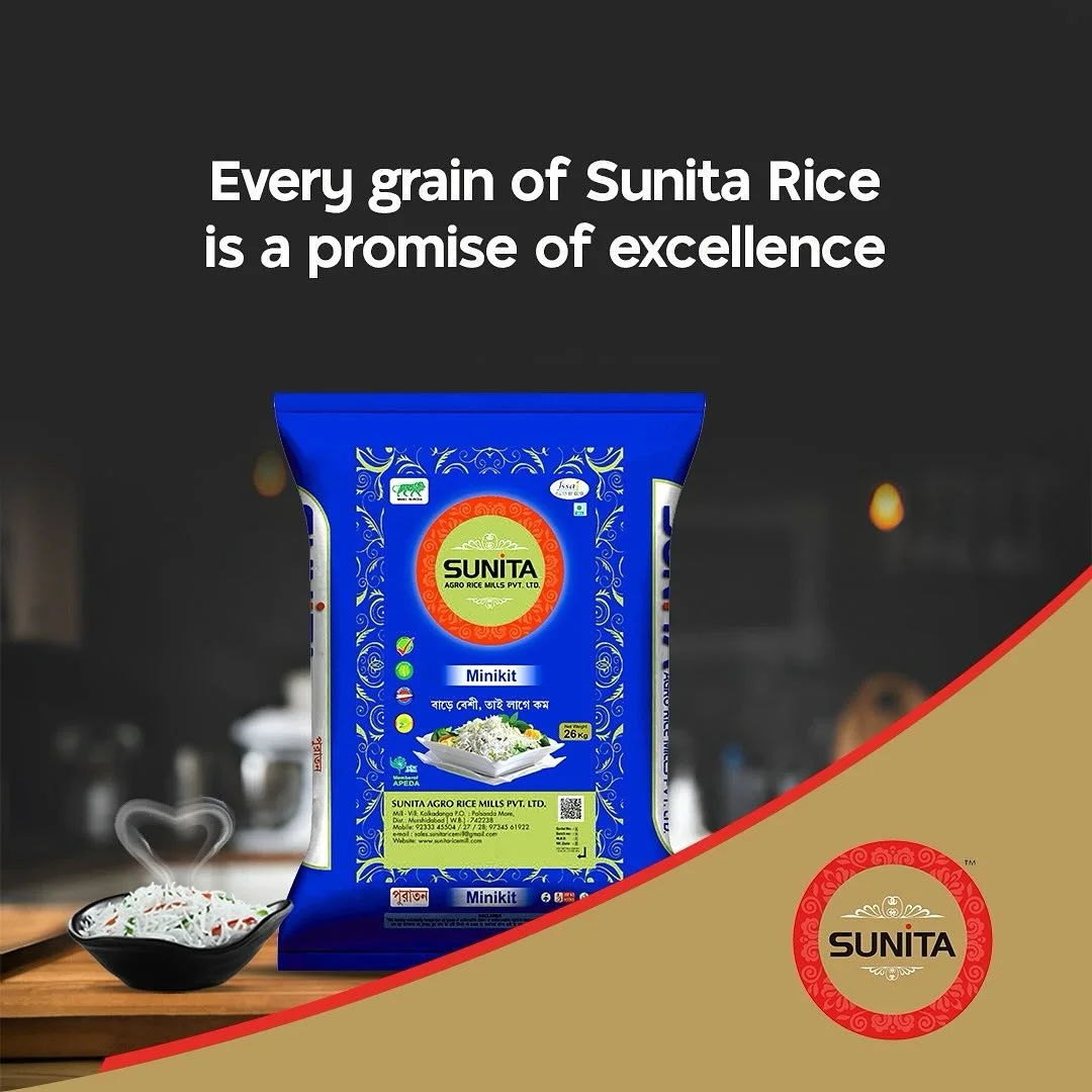 Package of Sunita Minikit rice with a bowl of cooked rice and steam rising in a kitchen setting.