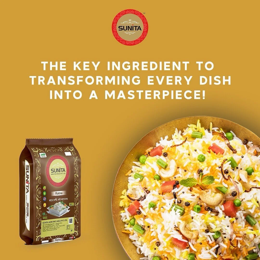 A bowl of colorful seasoned rice with vegetables and herbs next to a package of Sunita rice.