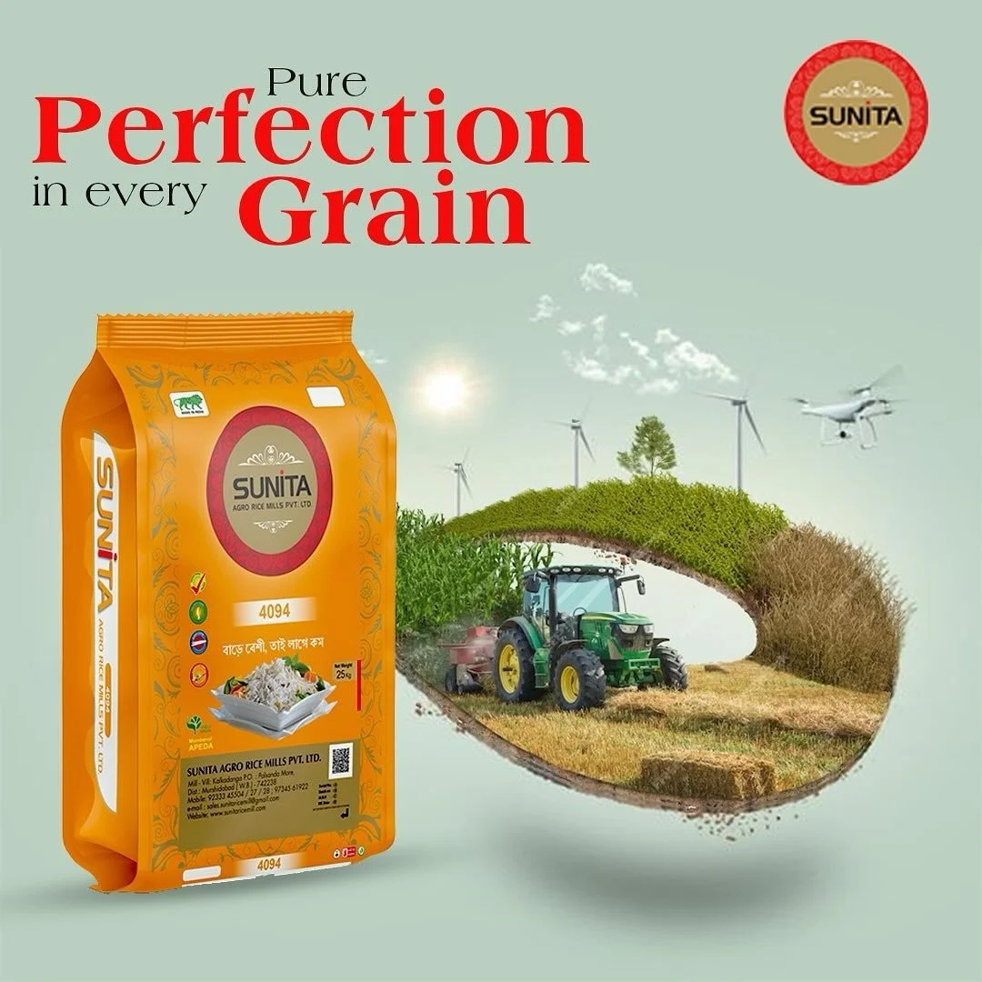 A bag of Sunita rice with a background of a tractor farming field, wind turbines, and a drone, with text stating "Pure Perfection in every Grain."