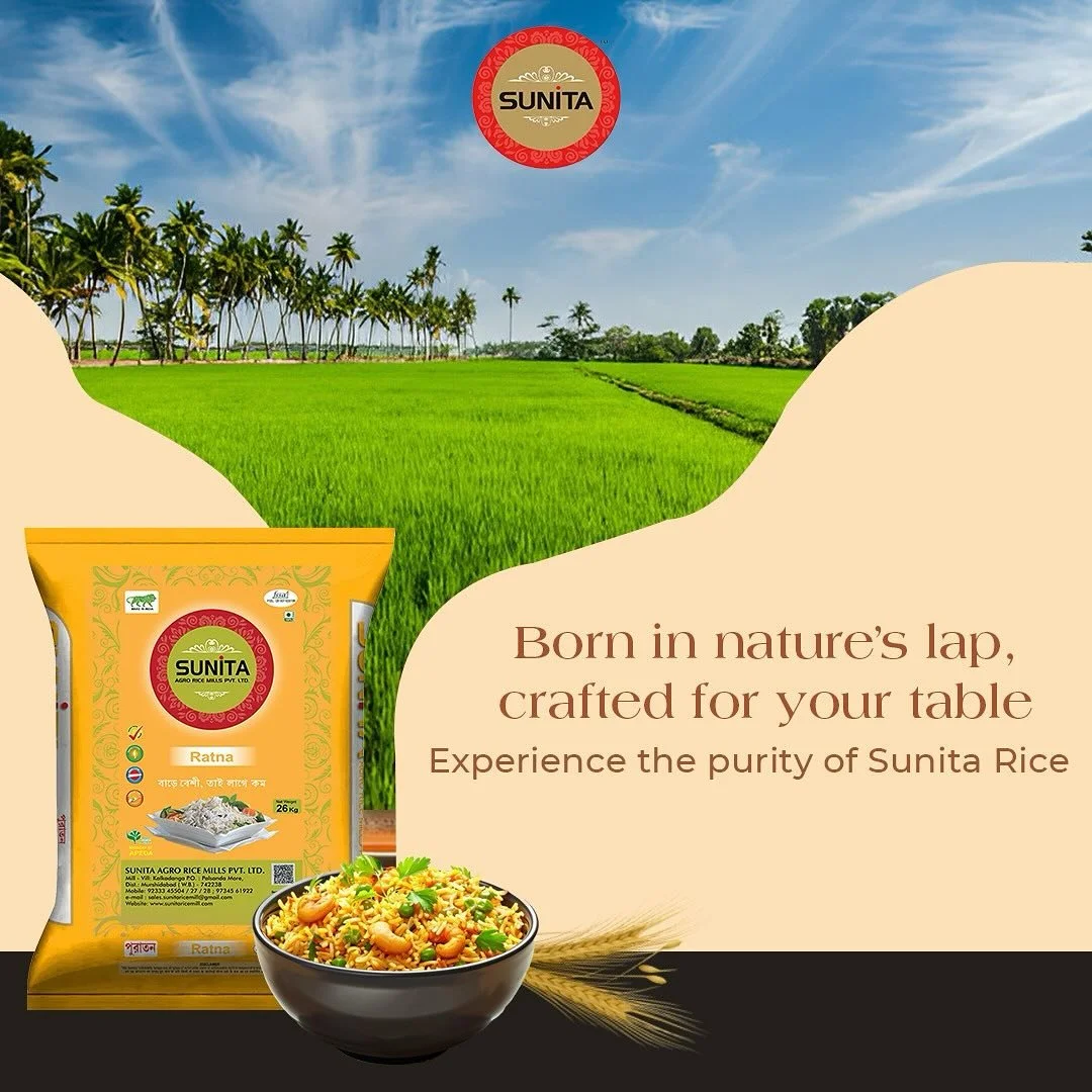 A vibrant green field with palm trees under a blue sky, featuring a package of Sunita rice and a bowl of cooked rice with vegetables in a promotional advertisement.