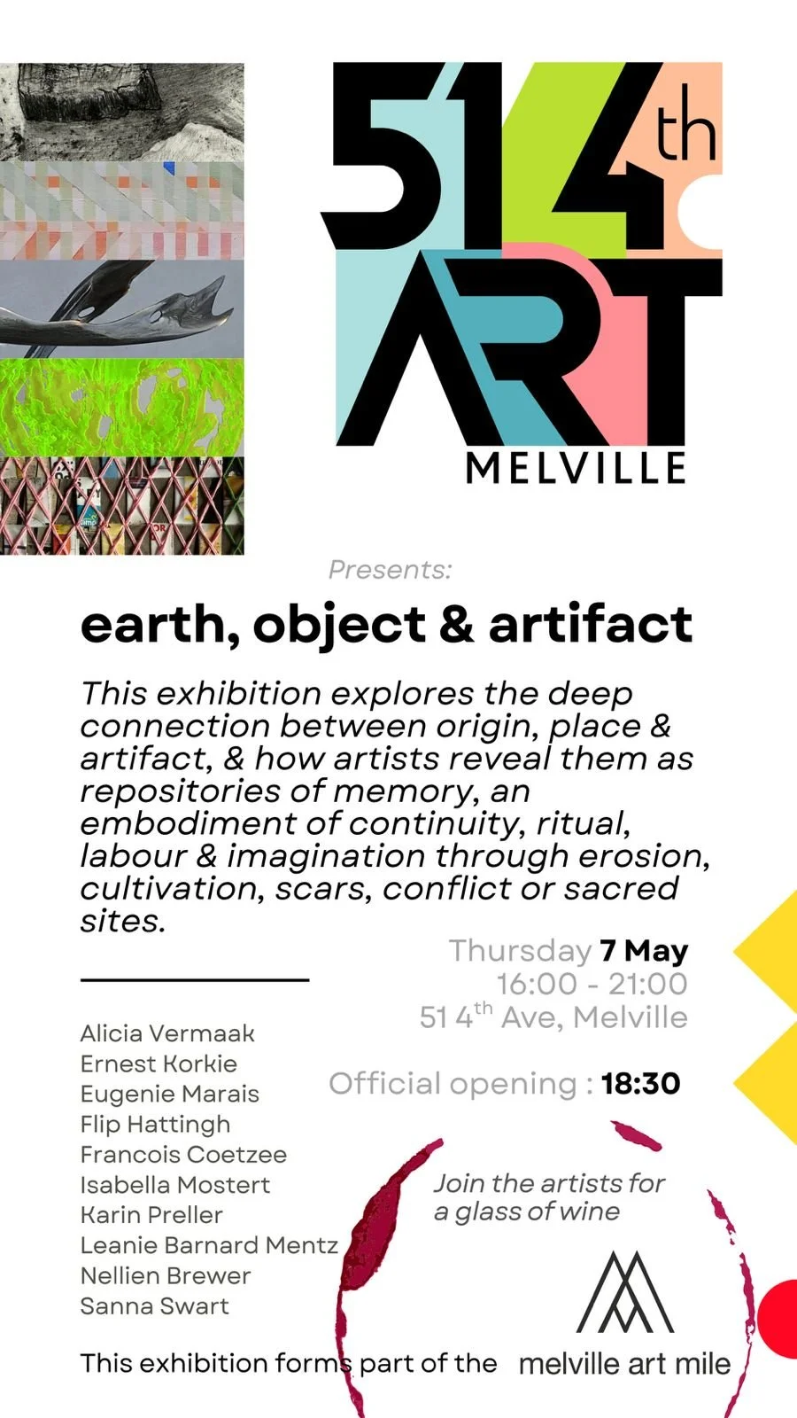 Promotional poster for the 'earth, object & artifact' art exhibition at Melville, featuring a collage of images showcasing various art pieces, including textured surfaces, abstract patterns, sculptures, and installation art, with event details and artist names.
