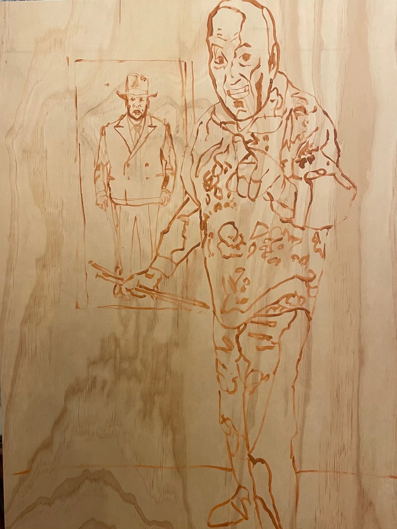 A sketch of two men, one older man pointing towards the viewer with a friendly expression, and a younger man in the background wearing a hat, standing with his hands in his pockets.