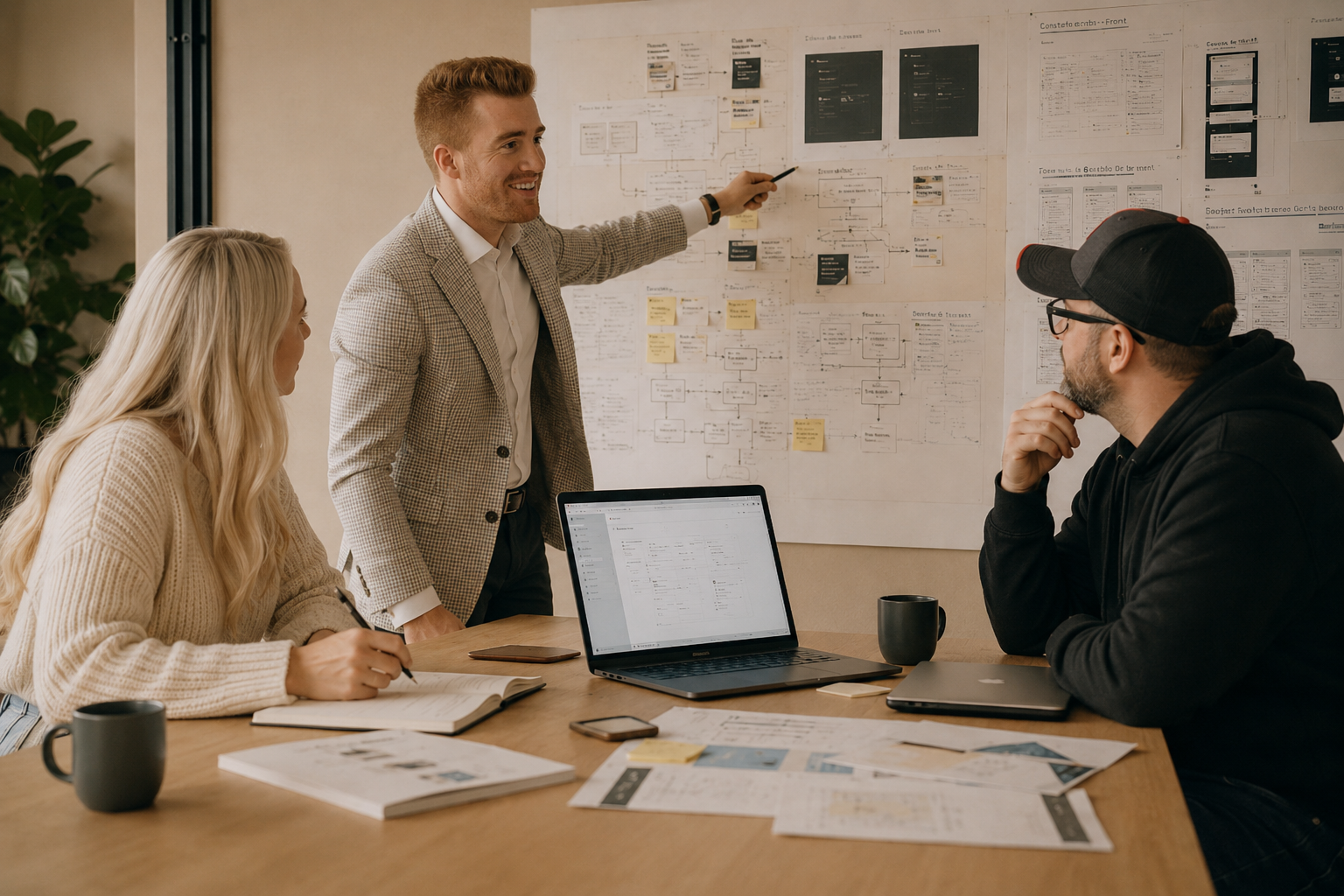 Three people in a meeting room ideating on product development plans.