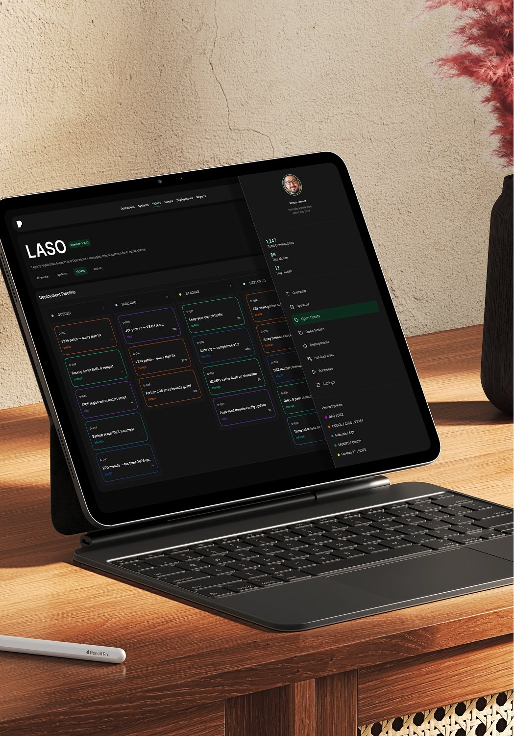 LASO legacy application support dashboard on tablet.