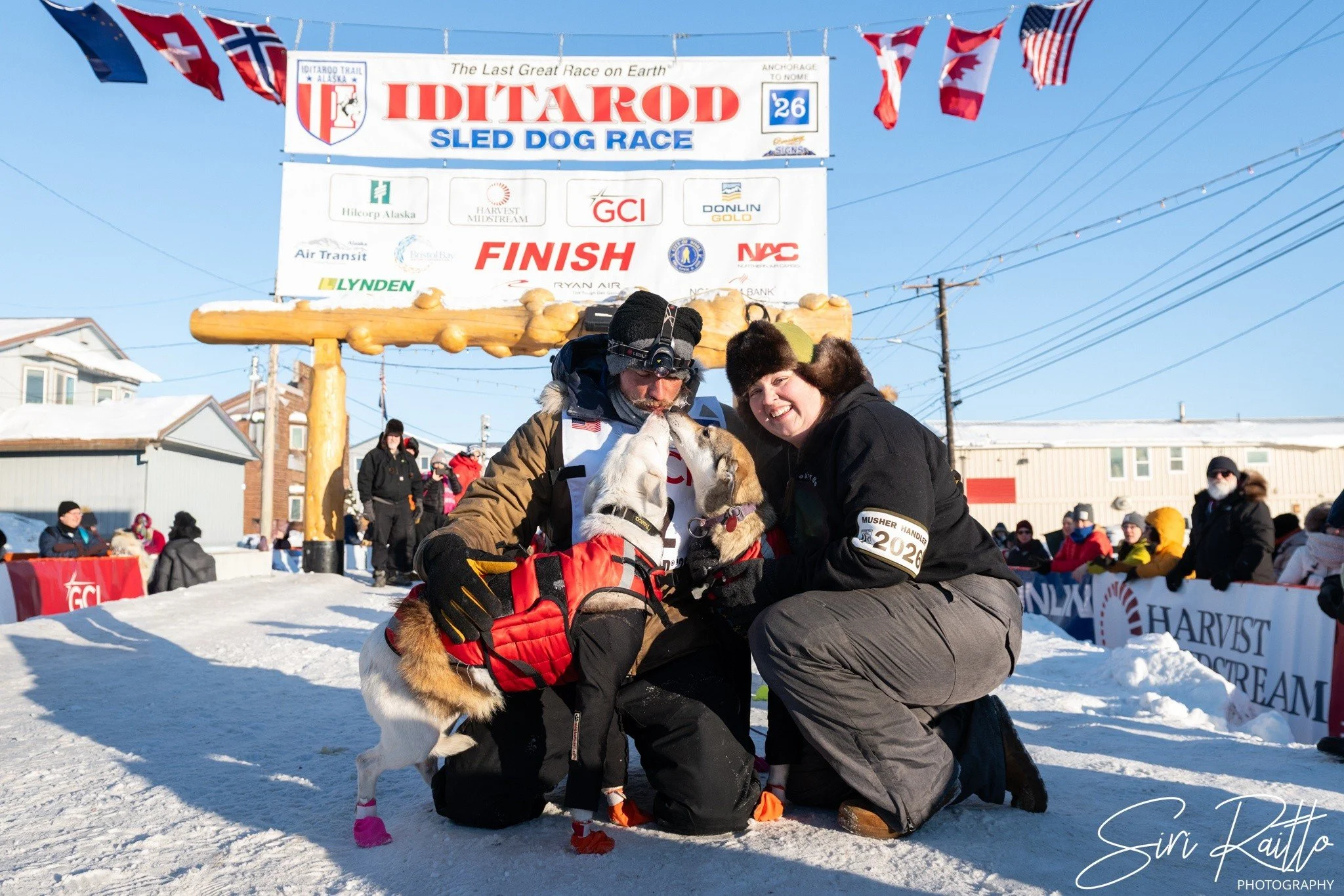 People celebrating at the Iditarod sled dog race finish line in Alaska, with dogs and spectators in the background, snowy environment, banners, and flags.