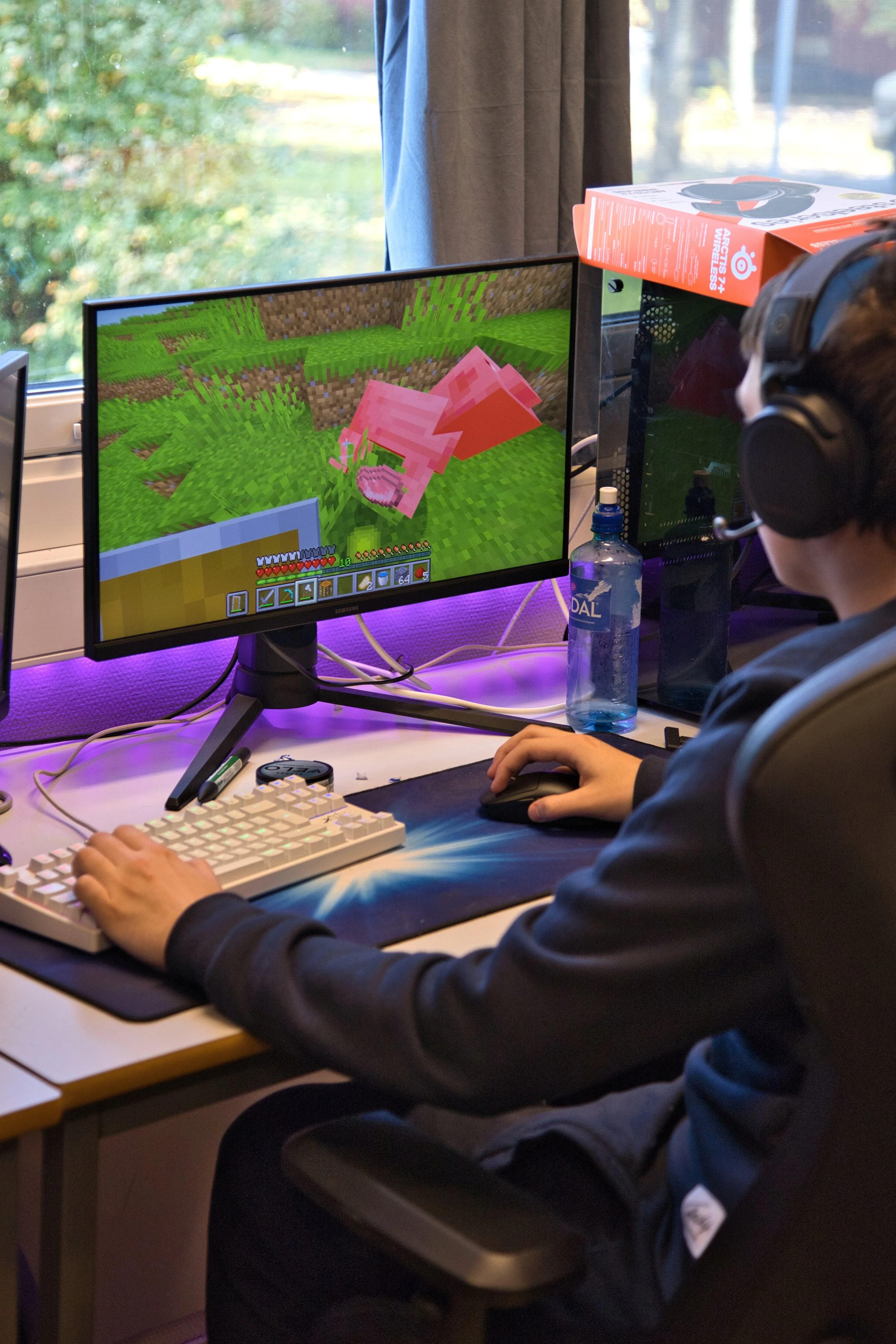 En person spiller Minecraft på en dataskjerm, som viser en gris.