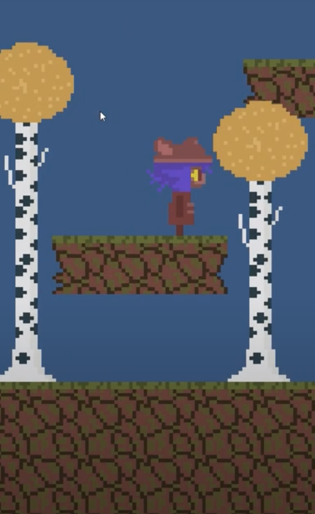 Piggete i 8-bit stil, som står på en plattform mellom to trær med gullgule blader, under en stor blå himmel.