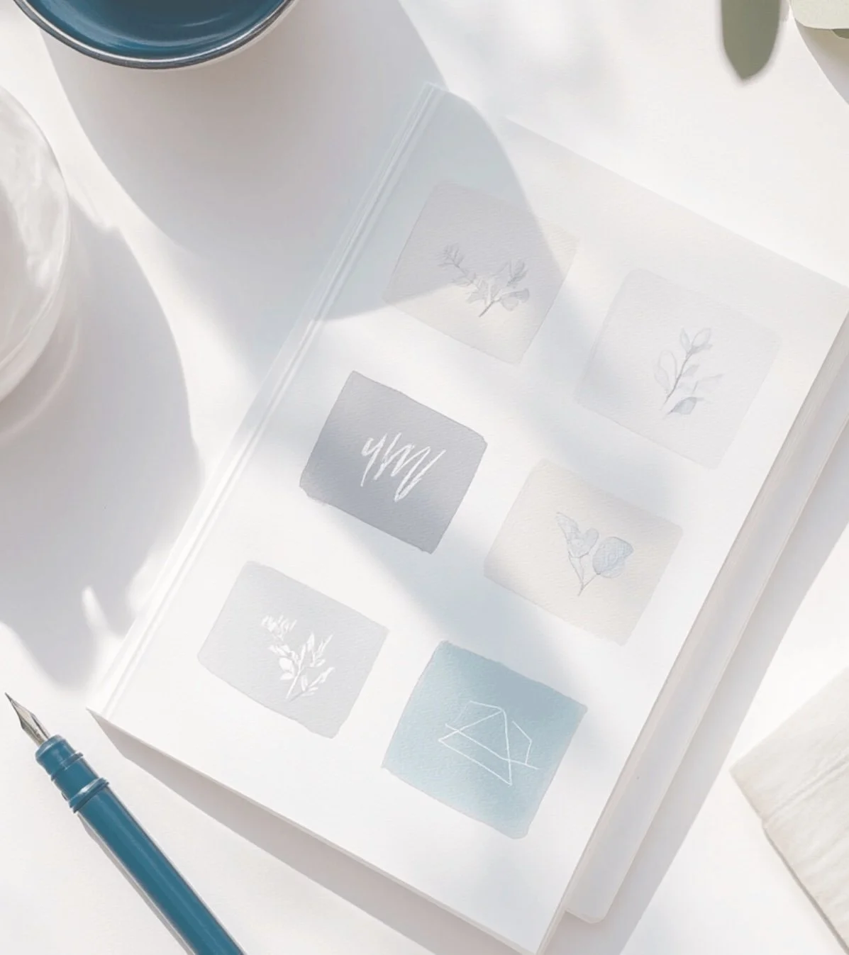 Branding service sketches with logo ideas and colour palette in natural daylight