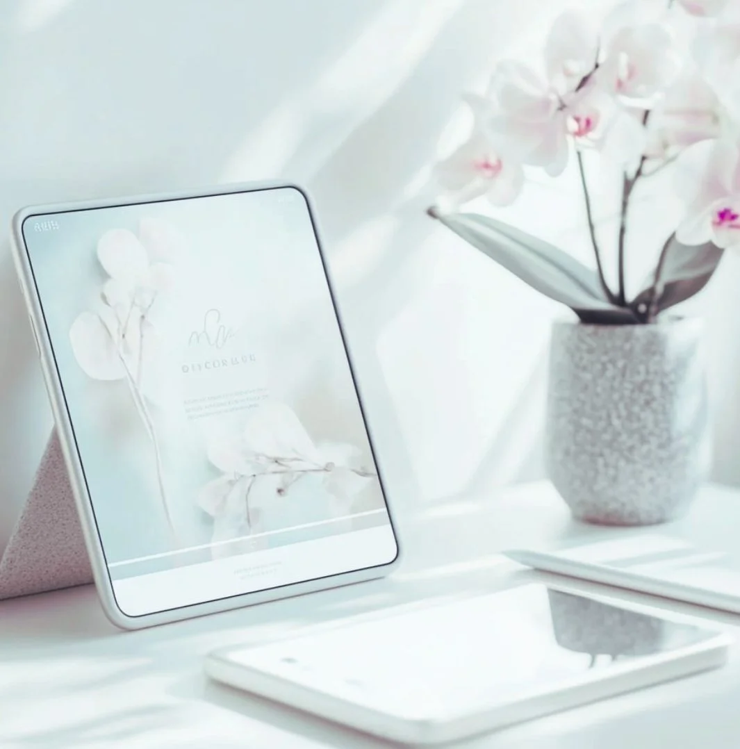 Tablet displaying branding design in minimalist workspace with natural daylight