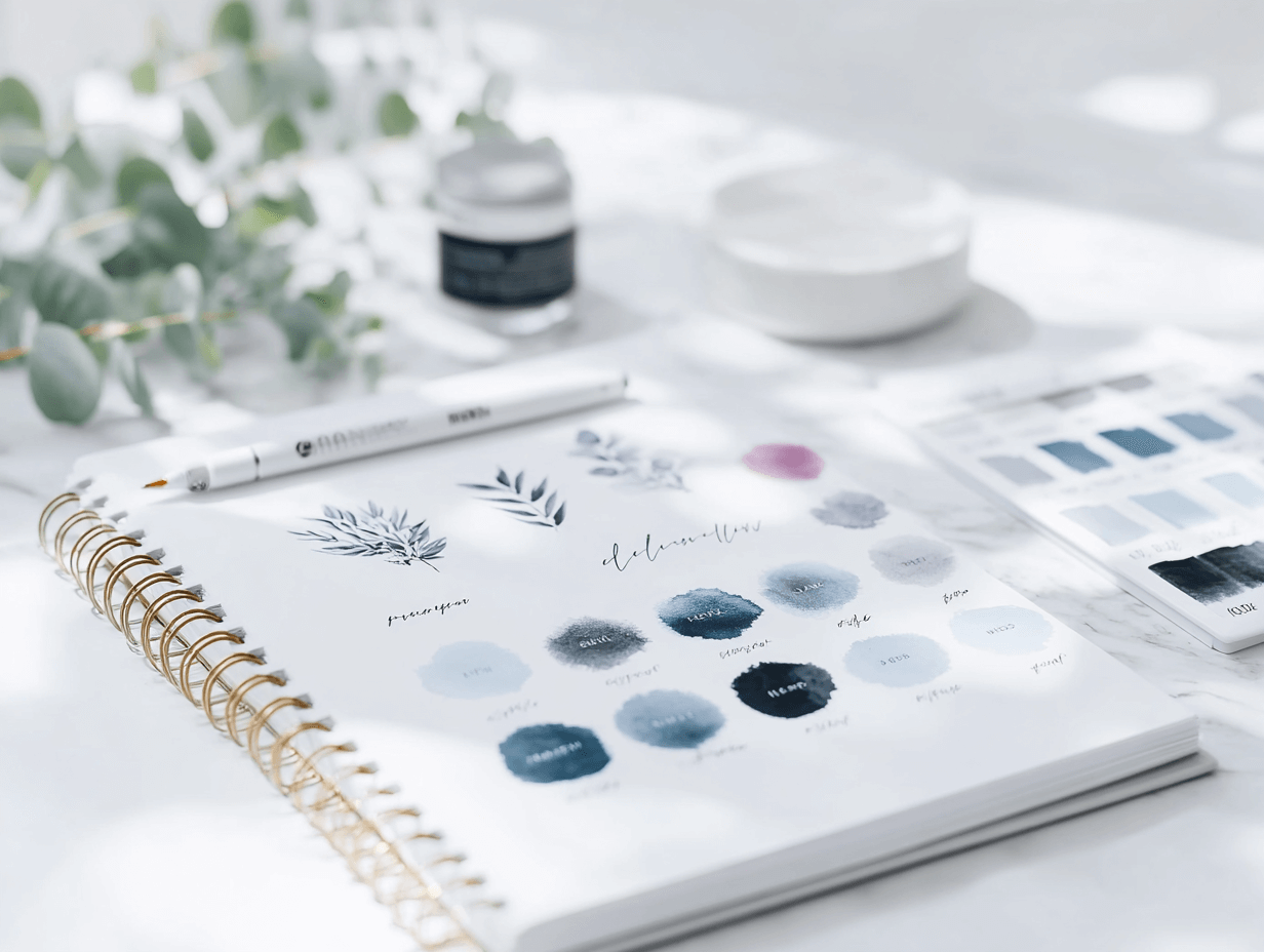 Sketchbook with brand colour palette logo and font design
