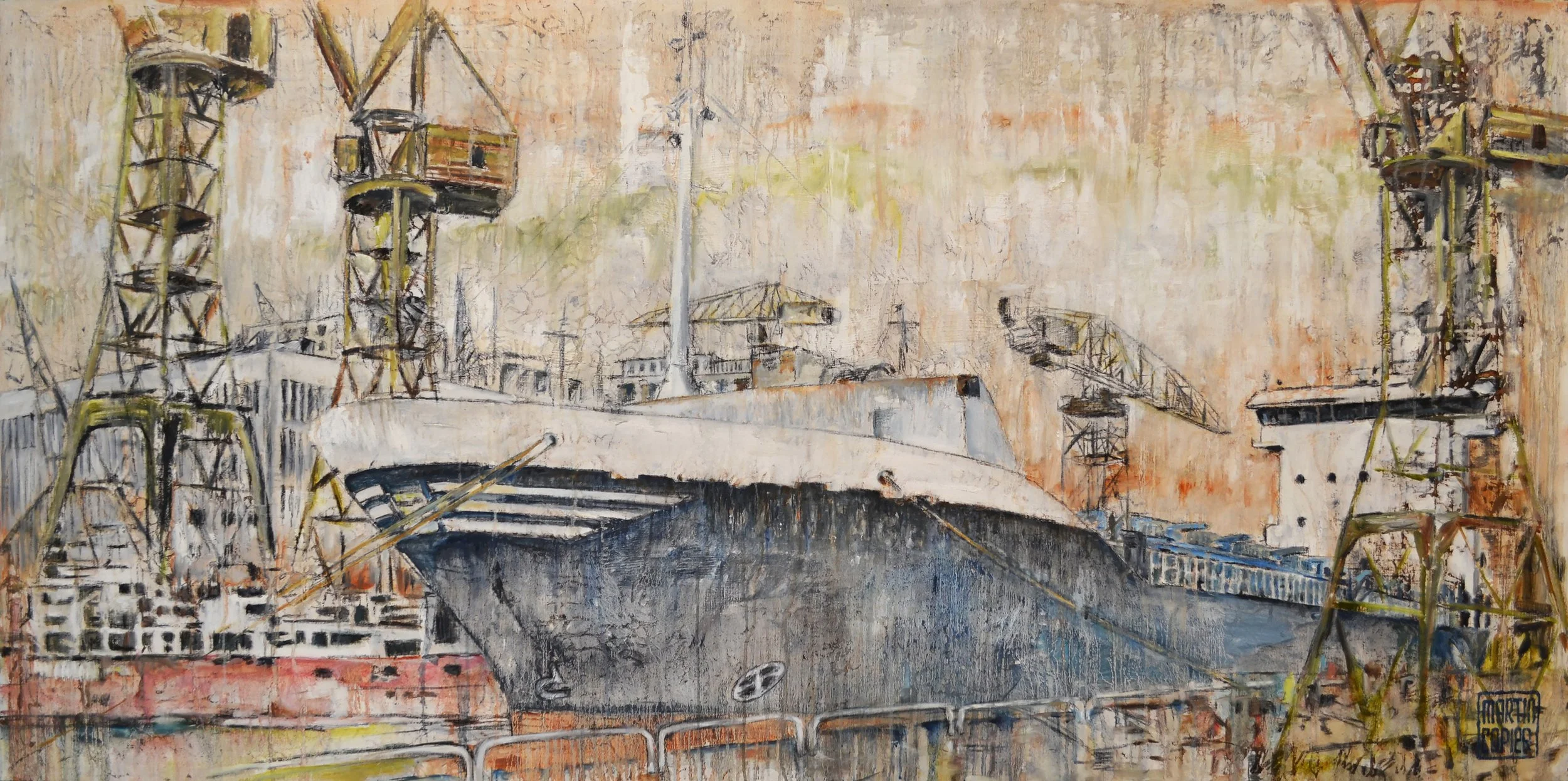 Martin Copier - S 2010 D, havengezicht in acryl op linnen | Preloved Art