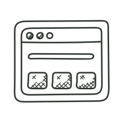 Een schematische illustratie van een webpagina met drie videoweergaven en een zoekbalk erboven.