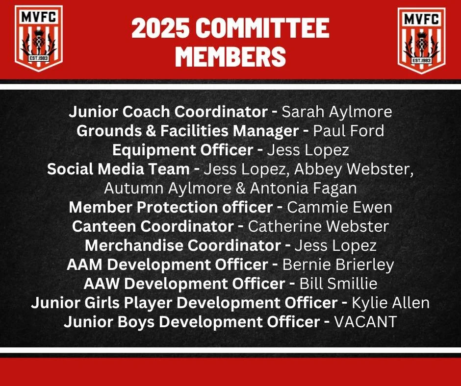 List of 2025 committee members for a soccer team, including roles and names, on a black background with the team logo and red header.