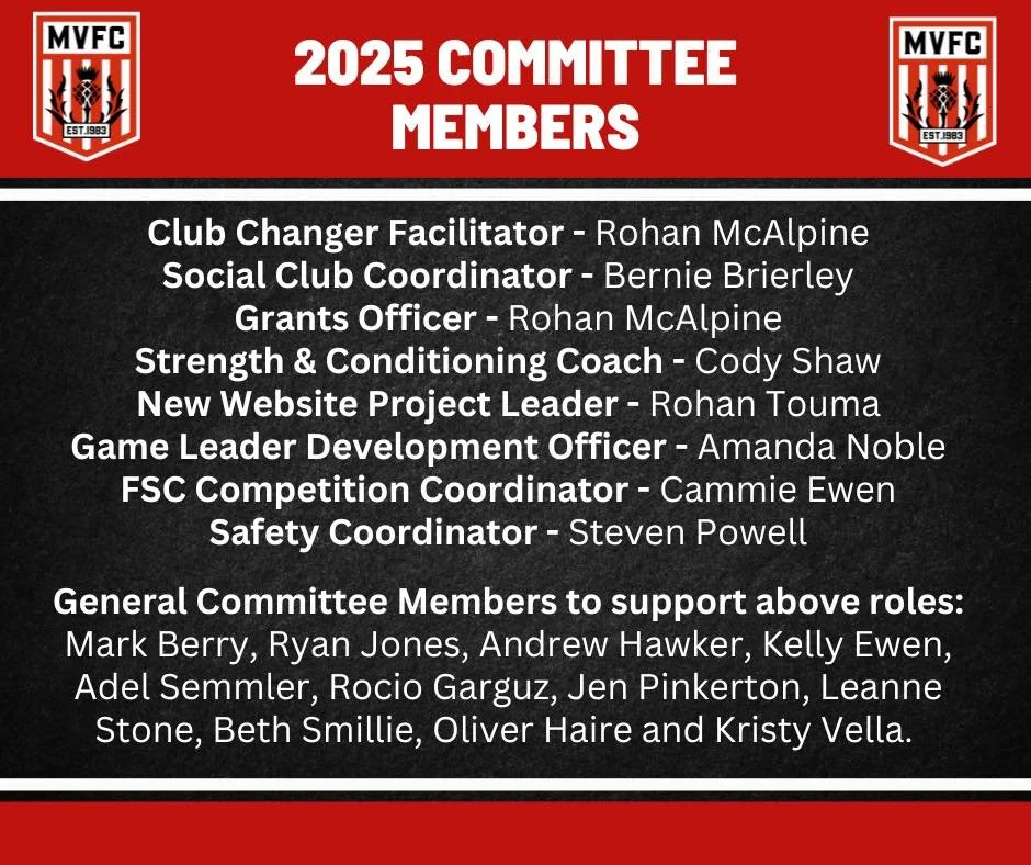 List of 2025 committee members for MVFC soccer club, including roles and names, with team logos in the top left and right corners.