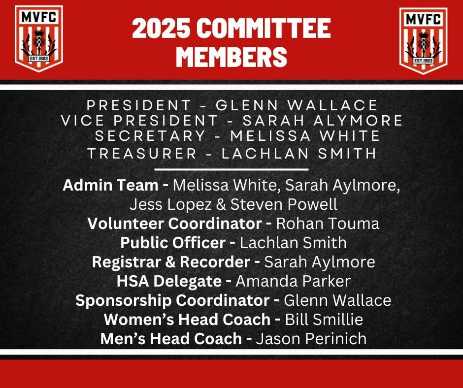 List of 2025 Committee Members for MVFC with roles and names, along with MVFC team crest logos at top corners.