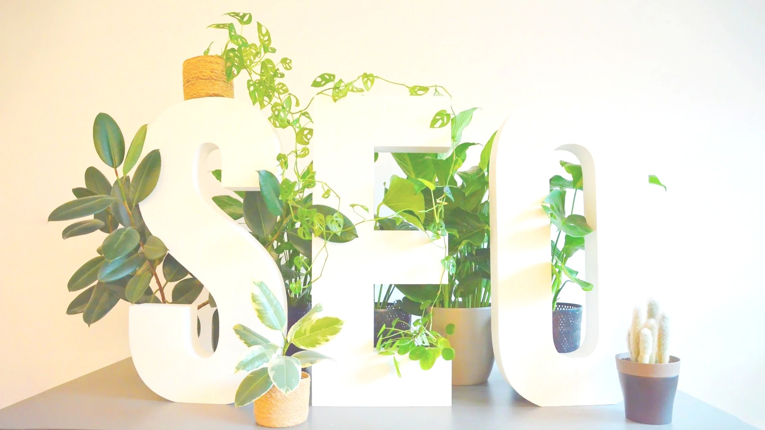 Decorative white letters spelling 'SE' surrounded by green houseplants on a table.