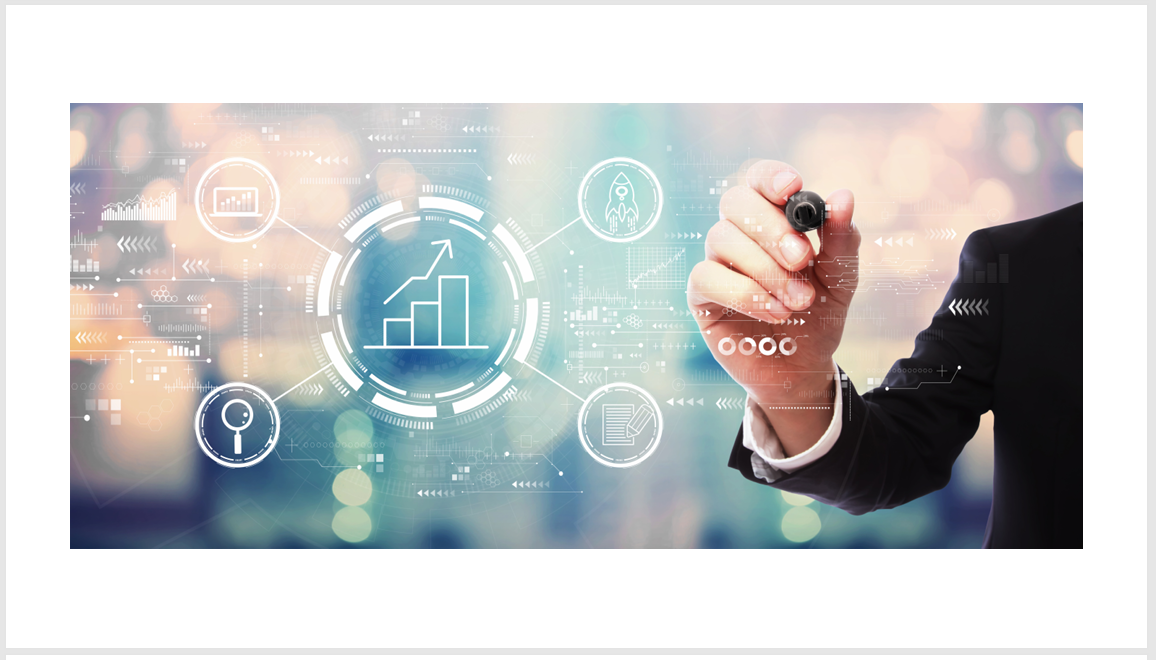 A person in a suit drawing on a virtual interactive screen displaying graphs, charts, and icons representing growth, analysis, and innovation.