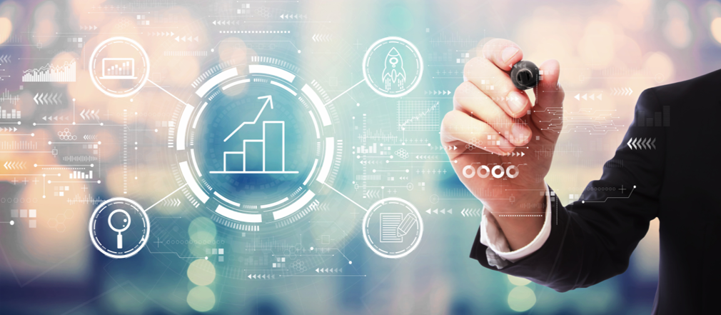 Person in a suit drawing a digital infographic with graphs, charts, and icons representing data analysis, growth, and technology.