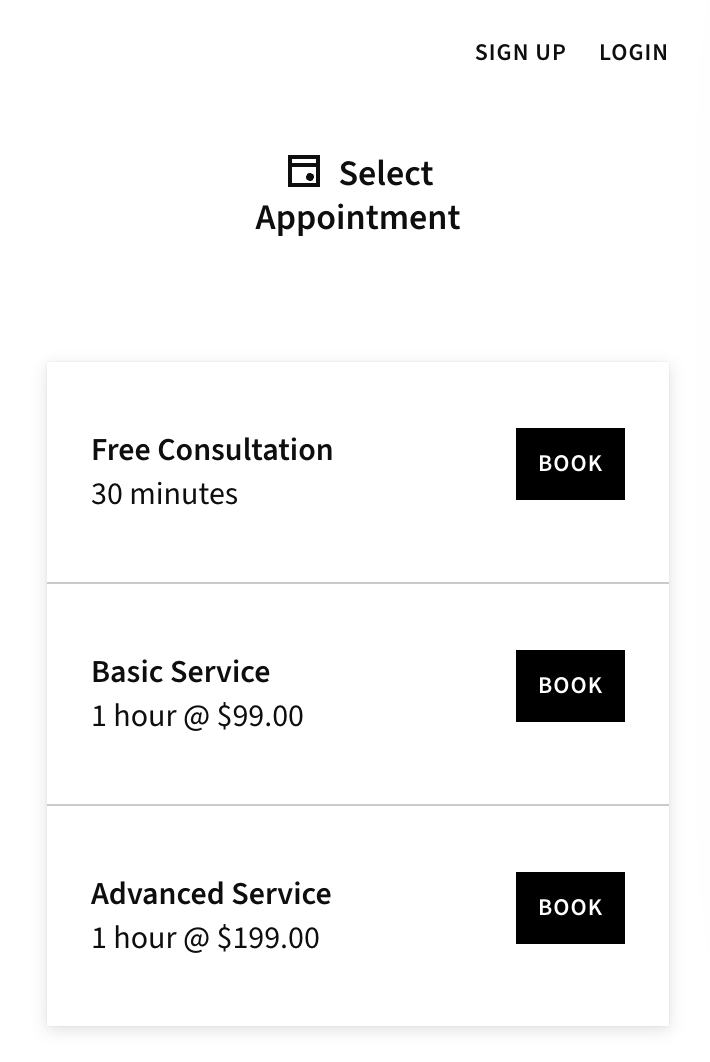 Online appointment booking webpage with options for Free Consultation, Basic Service, and Advanced Service, including prices and booking buttons.
