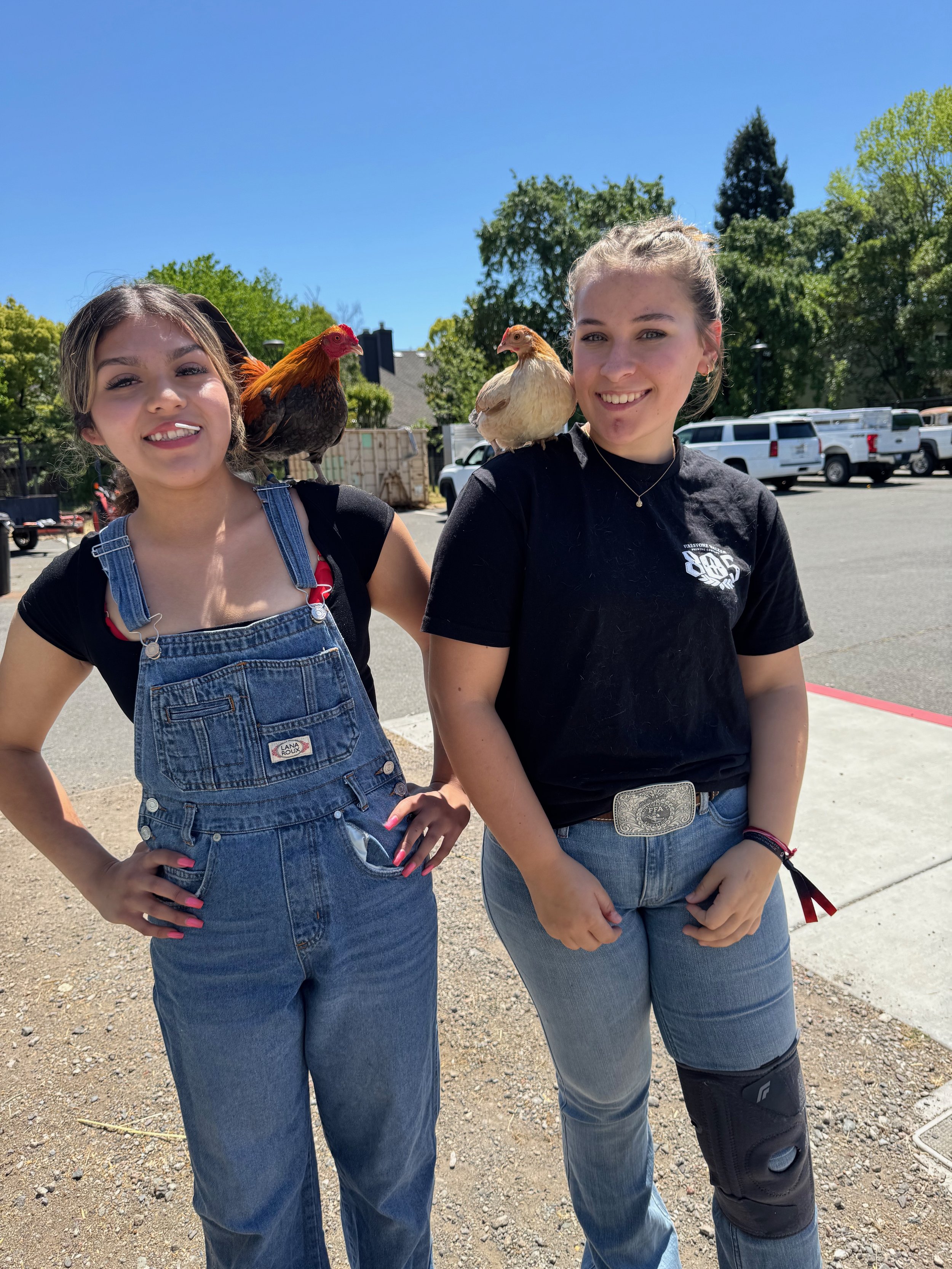 Two young women outdoors, each with a chicken on their shoulder, smiling at the camera. One woman wears denim overalls, the other a black t-shirt and jeans. The background features trees, parked cars, and a clear blue sky.