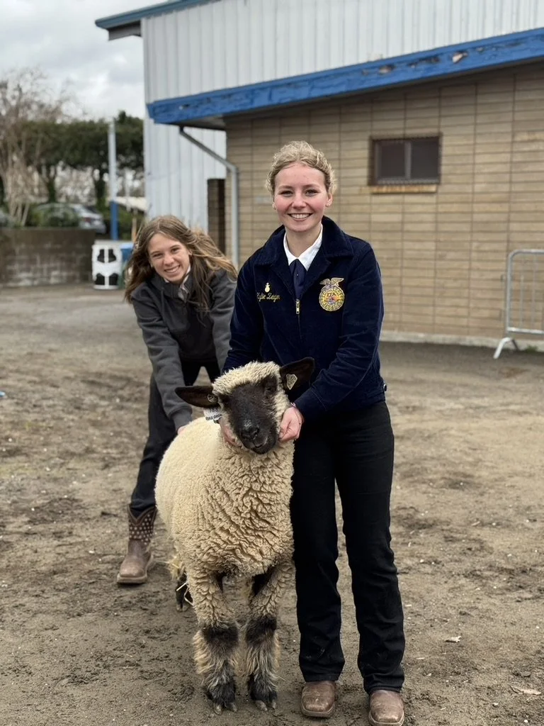 Two young women with an alpaca outdoors in a farmyard, one holding the alpaca's head, smiling at the camera, and the other leaning forward in the background.