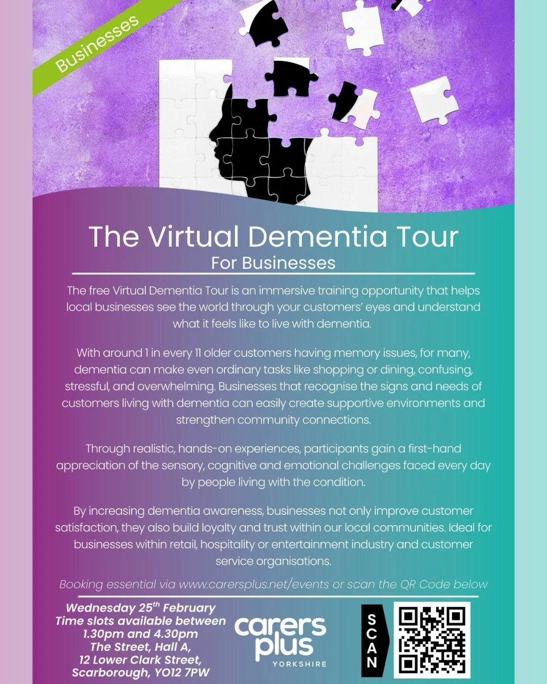 ❓Are you are local business in Scarborough?
❓Do you have customers who have dementia, autism or are caring for others?

Would you like to take part in a free immersive experience designed to help step into the shoes of your customers and see how your