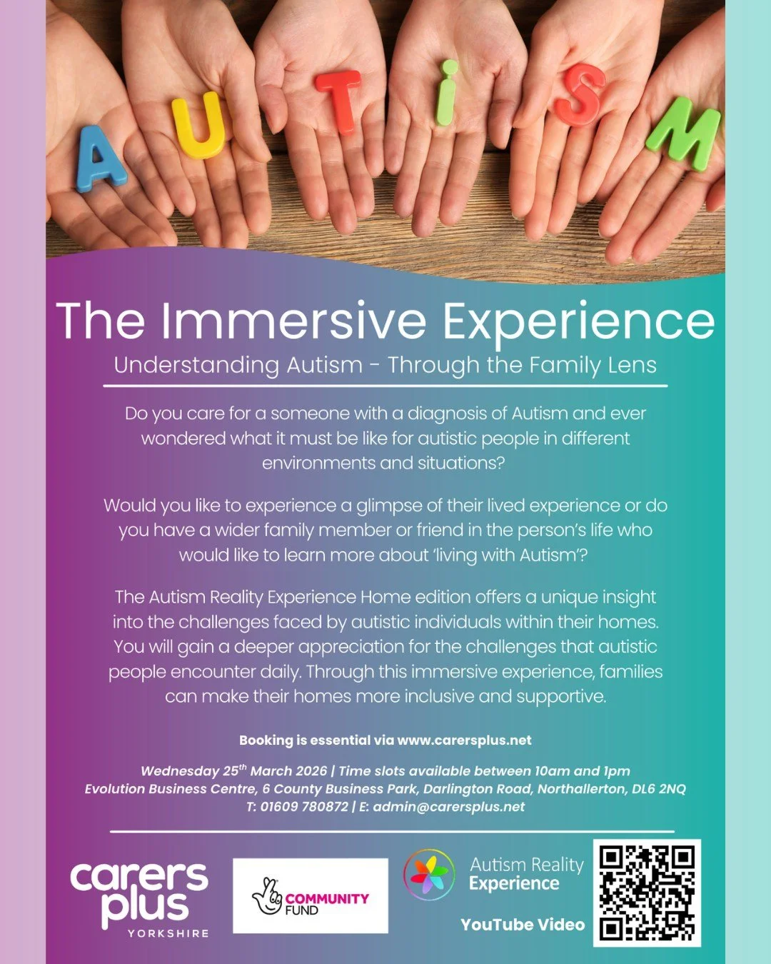 🌟 NORTHALLERTON UNPAID CARERS &amp; PROFESSIONALS 🌟

Carers Plus Yorkshire have gained funding to be able to offer unpaid carers or a member of their family and professionals the chance to take part in a free immersive experience. The Autism Realit