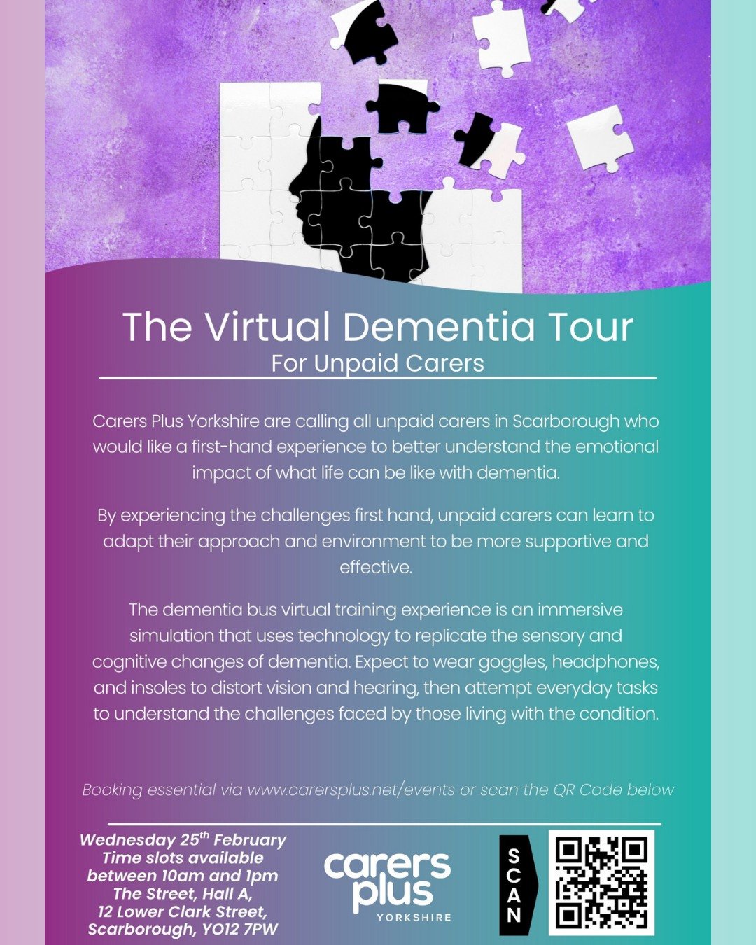 🌟 Scarborough Unpaid Carers and Businesses 🌟

ONLY ONE WEEK TO GO! 💜

Carers Plus Yorkshire have gained funding to be able to offer unpaid carers or a member of their family and local businesses the chance to take part in The Virtual Dementia Tour