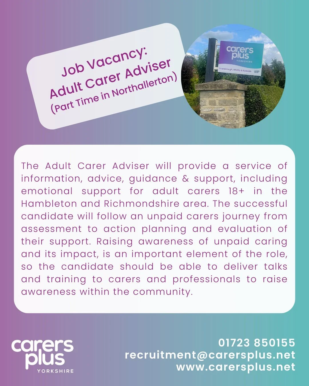 🔊 VACANCY REMINDER! 🔊

🌟 We currently have an opening at our office based in Northallerton for a part time Adult Carer Adviser (22.5 hours to 30 hours)🌟

#LINKINBIO 🔗 VACANCIES

This is an open recruitment process with applications reviewed on a