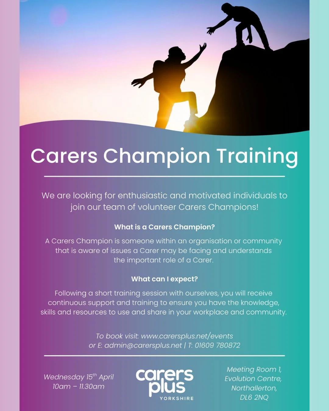 🌟 Northallerton! - Carers Champion Training 🌟

We are looking for enthusiastic and motivated individuals to join our team of volunteer Carers Champions. The training provides insight into the role of carers, the challenges they face, and how to off