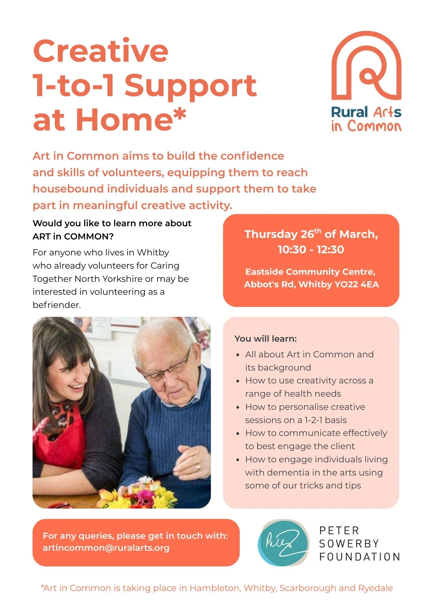 @ruralartsnorthyorks  Art in Common &ndash; Information Session 🎨

Interested in how creativity can support health and wellbeing? Join Rural Arts to learn how creativity can be personalised to support a range of health needs on a 1-to-1 basis.

This