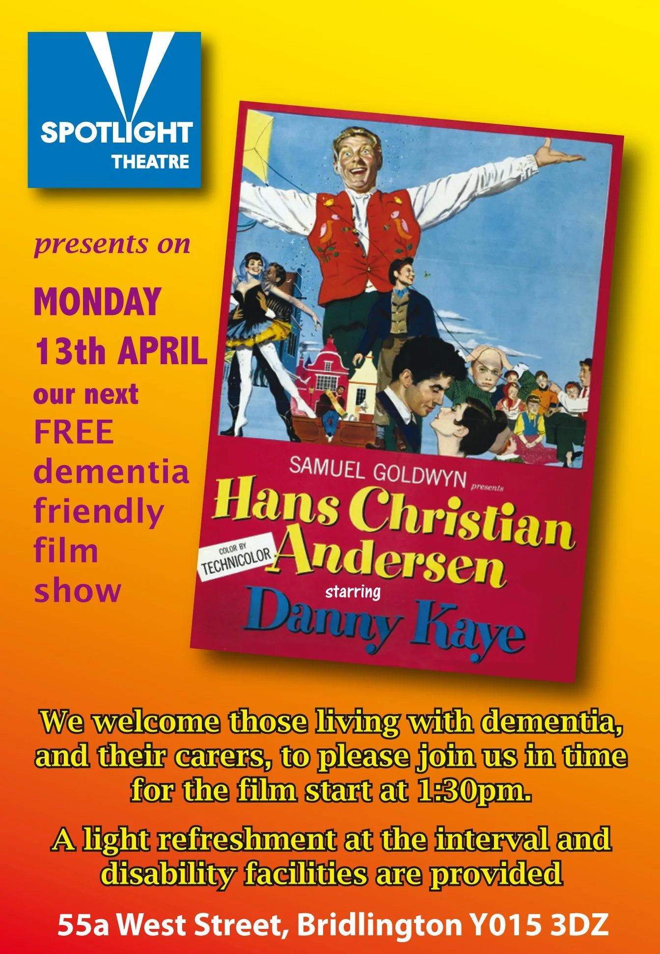 spotlight_theatre_brid are part of our #Restology project! 🍿

📽️ They are welcoming those living with dementia and carers to their theatre to see a dementia friendly screening of 'Hans Christian Andersen'. Please contact them directly for more info