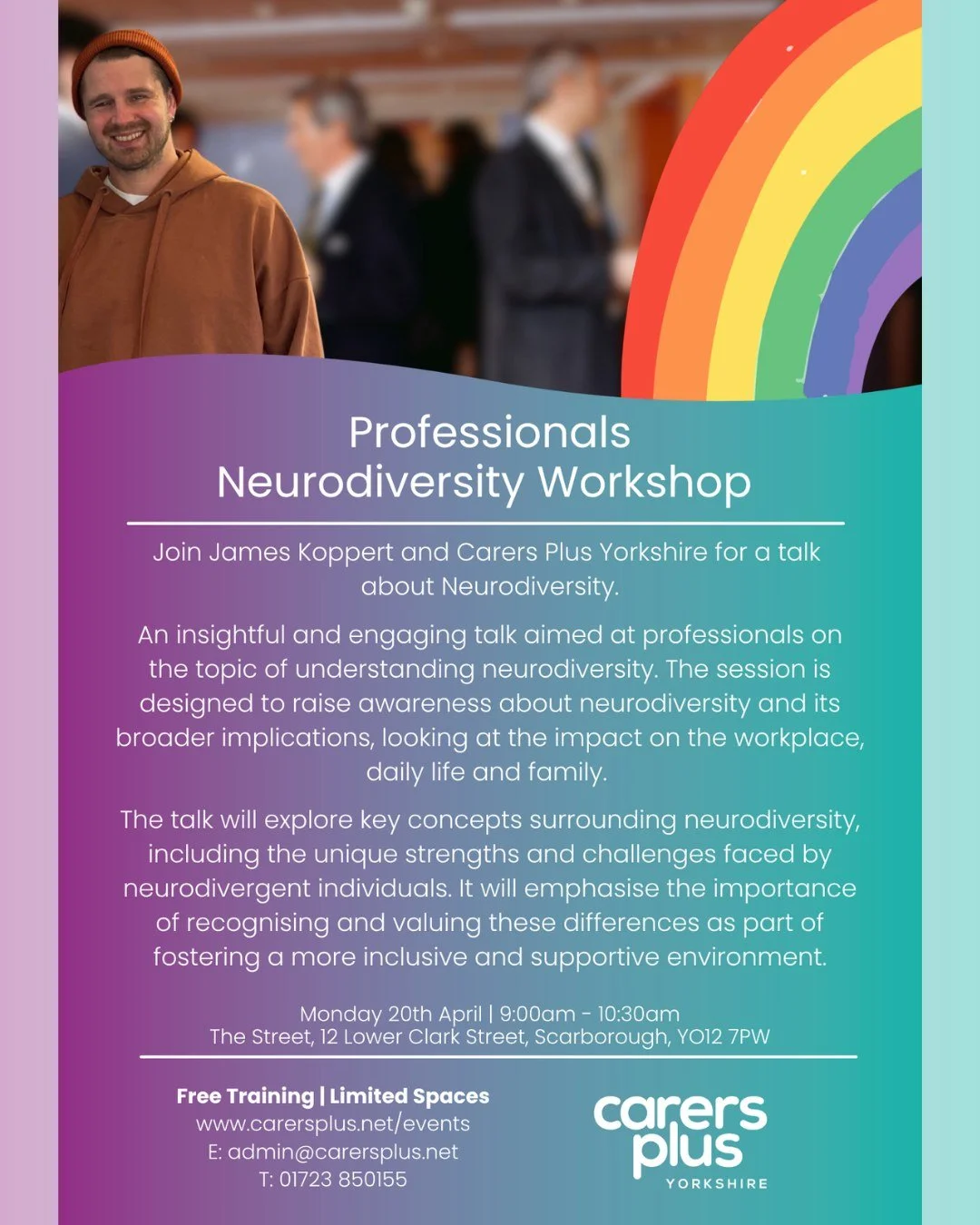 🌟 Scarborough Professionals - Join us this Monday for a Neurodiversity Workshop with James Koppert! 🌟

🗓️ 20/04/26
🕙 9am to 10.30am
📍 The Street, Scarborough

👉 Book Here 🔗 https://calendly.com/admin-carersplus/pnwsca