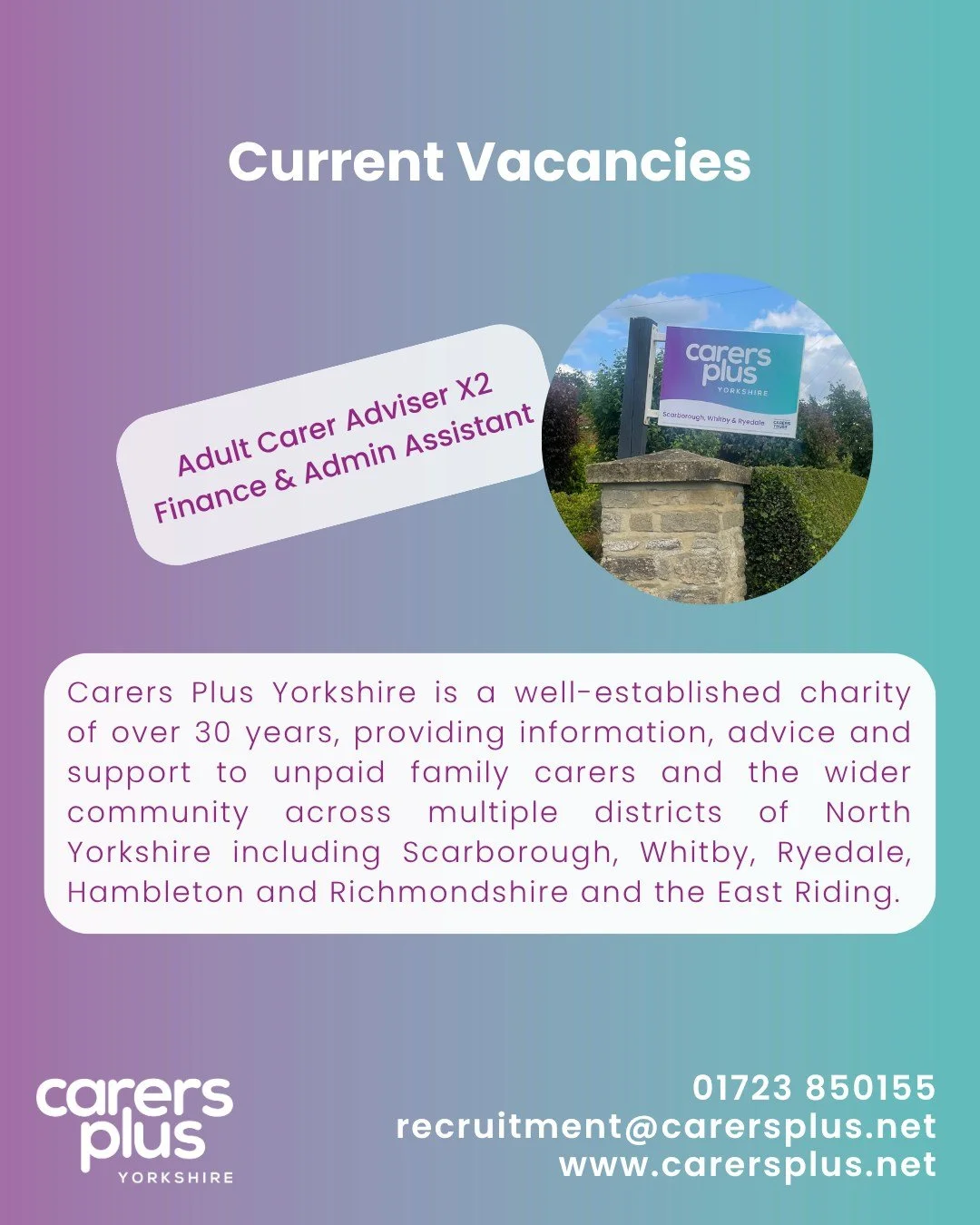 🔊 Current Vacancies🔊

🌟 We have an opening at our office based in Northallerton for a part time Adult Carer Adviser (22.5 hours) x2 and an opening at our office based in Snainton for a full time Finance &amp; Admin Assistant 🌟

#LINKINBIO 🔗 VACA