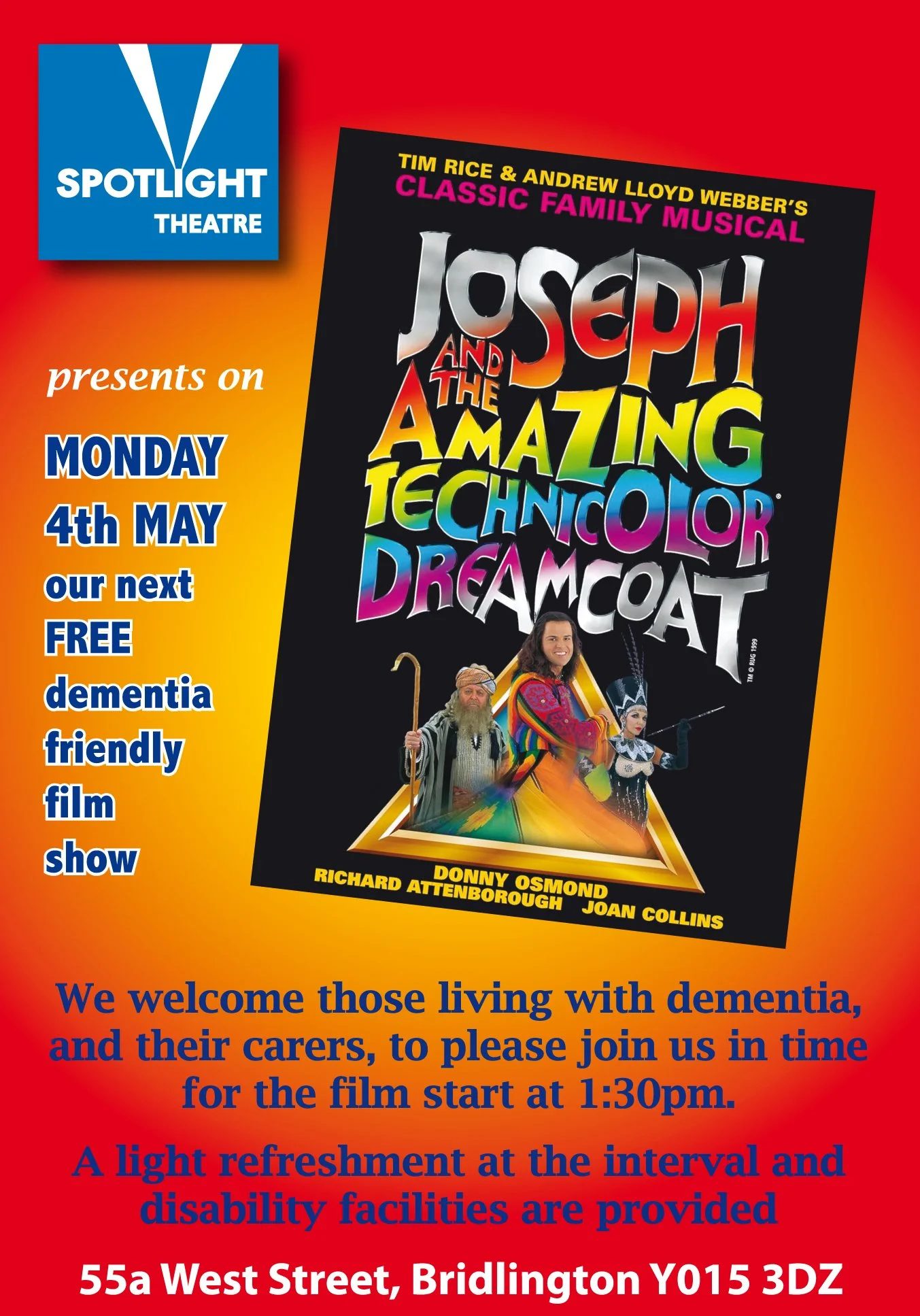 Spotlight Theatre Bridlington are part of our #Restology project! 🍿

📽️ They are welcoming those living with dementia and carers to their theatre to see a dementia friendly screening of 'Joseph and the Amazing Technicolor Dreamcoat'. Please contact