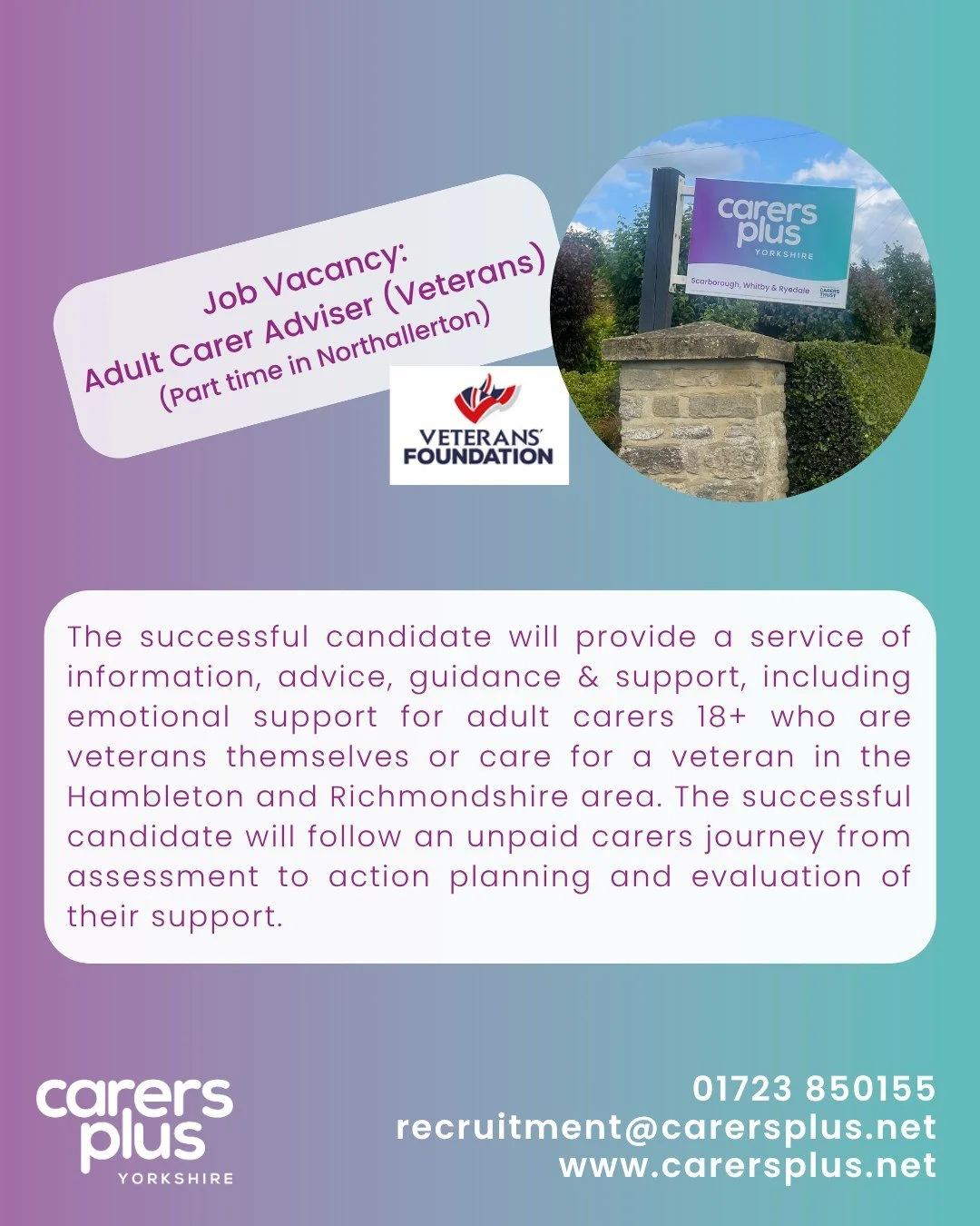 🔊 We&rsquo;re Hiring! 🔊

🌟 We currently have an opening at our office based in Northallerton for a part time Adult Carer Adviser (Veterans) Fixed-term for 3 years at 25 hours per week 🌟

 #linkinbio 🔗 Vacancies

Funded by Veterans&rsquo; Foundat