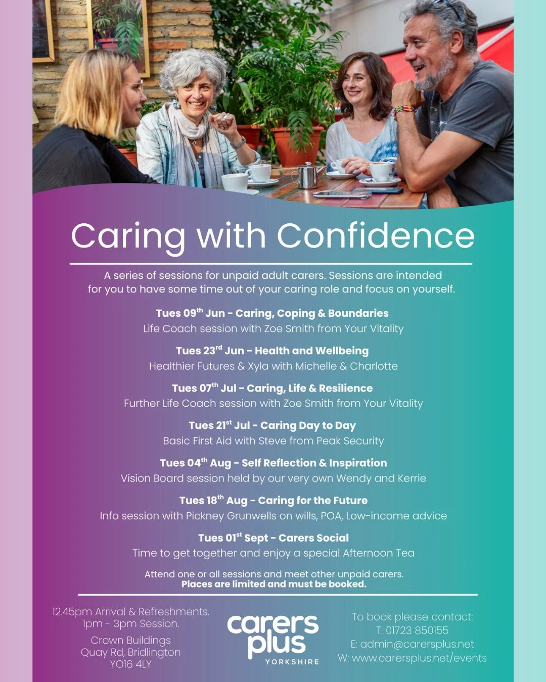 Our popular Caring With Confidence, sessions are coming to BRIDLINGTON! These sessions for unpaid carers will be starting on June 09th. If you would like to come along please get in touch to book your place! ☕🍰

As well as coming together with other