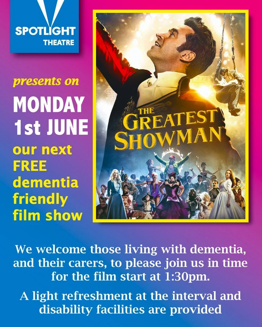 Spotlight Theatre Bridlington are part of our #Restology project! 🍿

📽️ They are welcoming those living with dementia and carers to their theatre to see a dementia friendly screening of 'The Greatest Showman'. Please contact them directly for more 