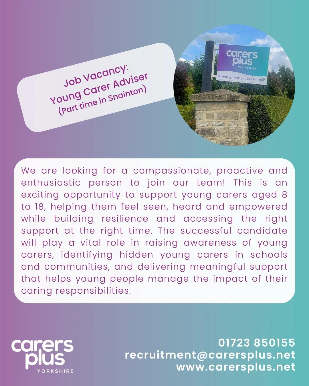🔊 We&rsquo;re Hiring! 🔊

🌟 We currently have an opening at our office based in Snainton for a part time Young Carer Adviser (Fixed-term for 12 Months, 22.5-30 hours per week) 🌟

#linkinbio 🔗 Vacancies

This is an open recruitment process with ap
