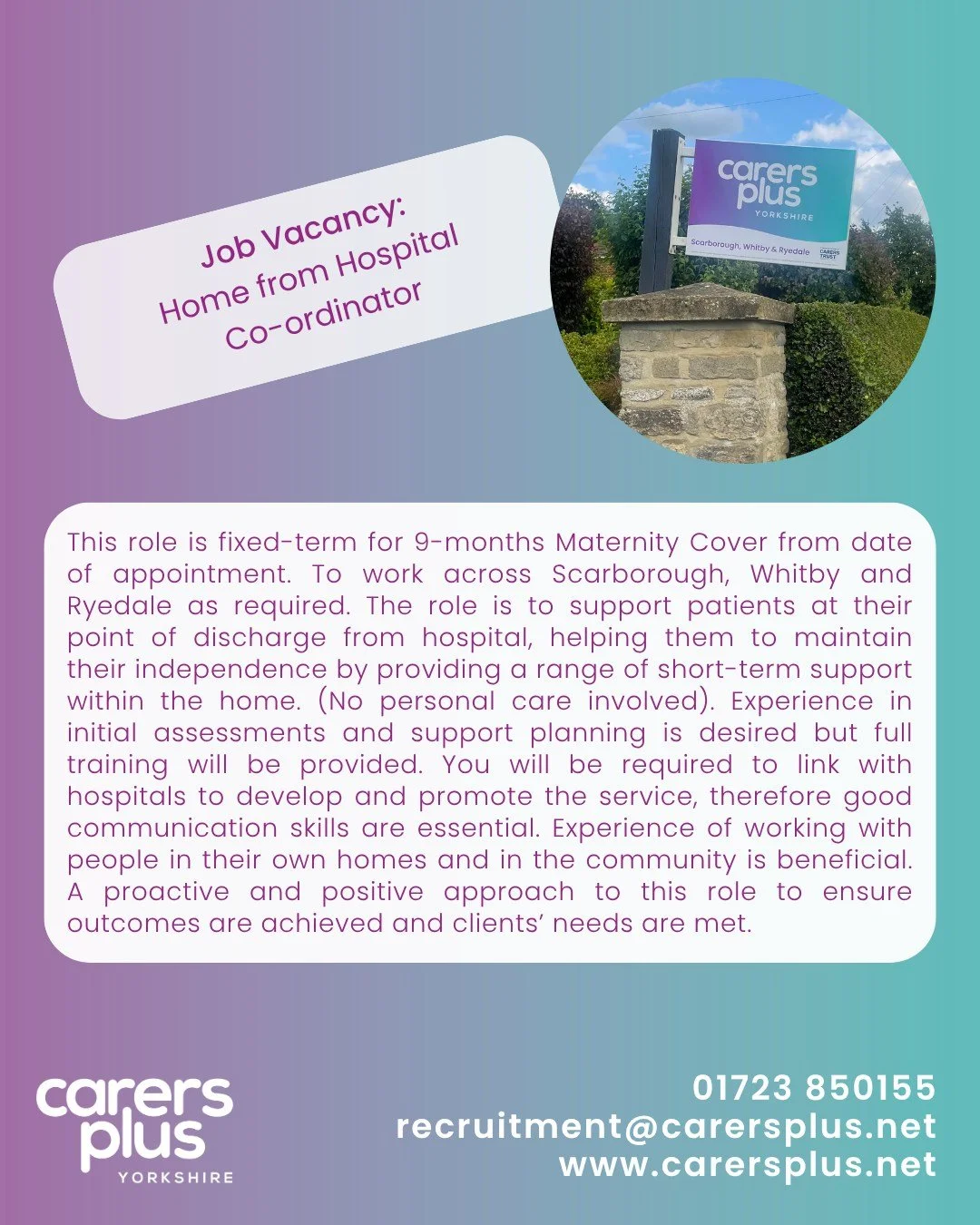 🔊 We&rsquo;re Hiring! 🔊

Join our team in Snainton as a part-time Home from Hospital Coordinator (9 month fixed-term maternity cover from date of appointment) 🌟

#linkinbio 🔗 Vacancies