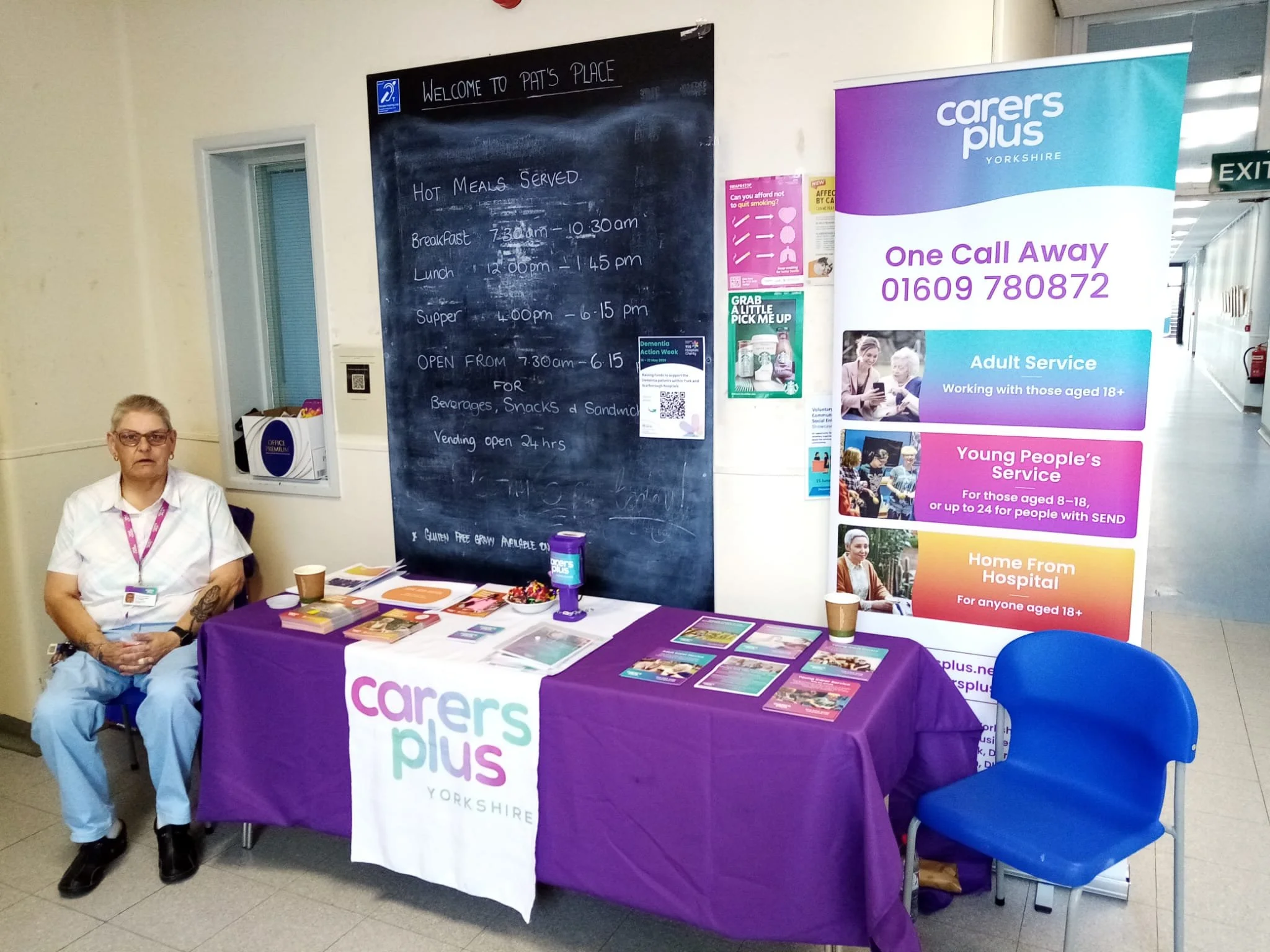 We are also at Scarborough Hospital! If you are around, come over and say hello 👋 

Laney, Home from Hospital Co-ordinatior and Jacky, Adult Carer Adviser can inform you of all the support we can offer through Home from Hospital and our unpaid Carer