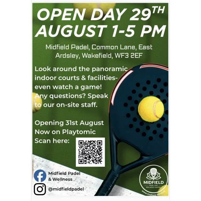 🎾💙We know lots of people are wondering when we will be open......
 
Come and join us for our open day on Saturday 29th August 1pm - 5pm. 

Courts will be open on Monday 31st August and will be bookable from Monday 17th August via Playtomic. 💙🎾