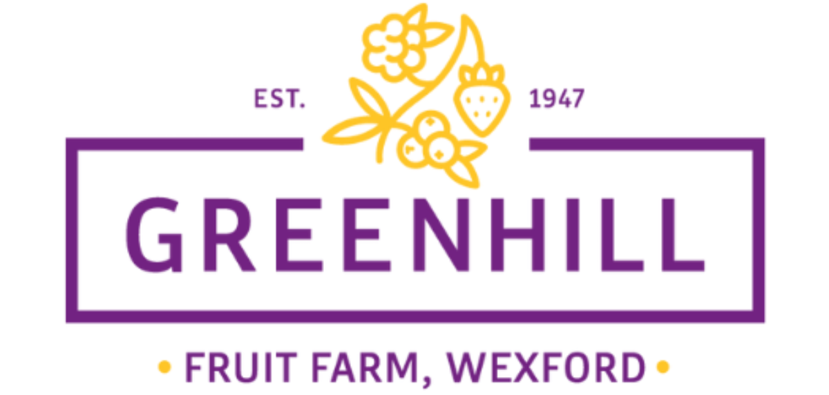 Logo for Greenhill Fruit Farm, Wexford, featuring a purple rectangular background with yellow fruit illustrations at the top and purple text.