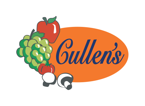 Logo for Cullen's with illustrated apple, green grapes, cherry, and mushroom next to the name.