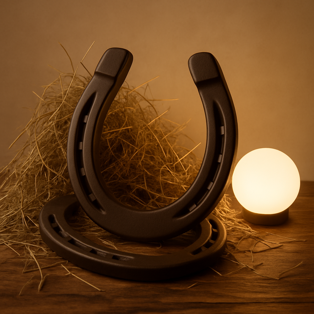 Two black horseshoes, a pile of straw, and a glowing white round light on a wooden surface indoors.
