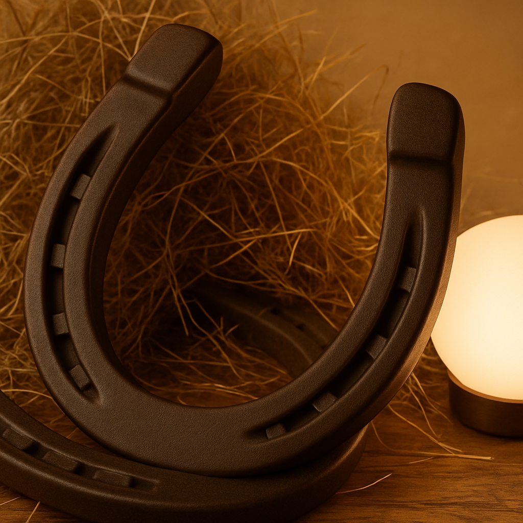 A black horseshoe-shaped object, likely a horseshoe magnet or decorative item, sits on a wooden surface with dried grass and a glowing round light beside it.