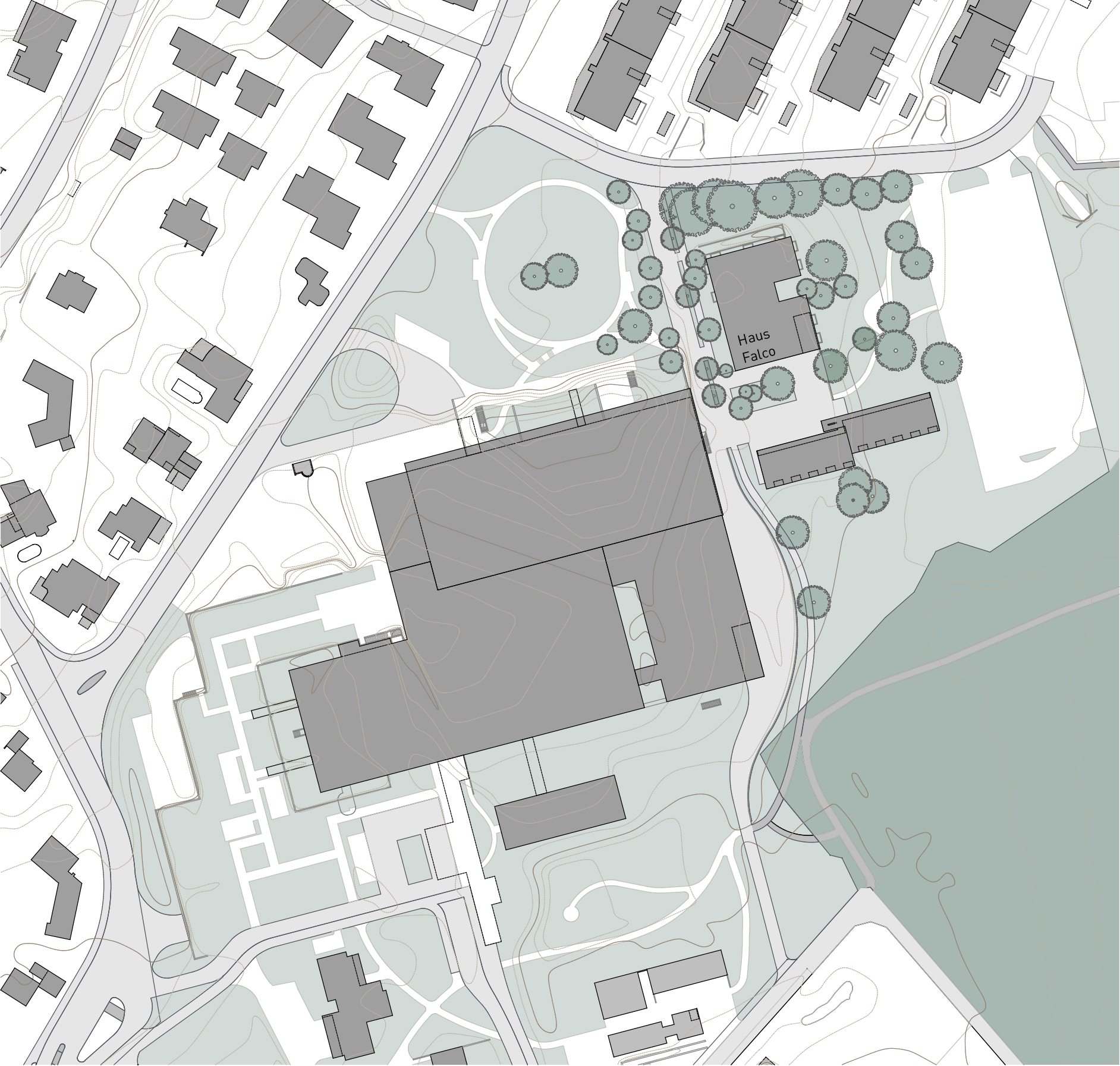 Lageplan eines Geländes mit Gebäuden, Wegen, Bäumen und Flächen, darunter das Haus Falco, als architektonischer Entwurf