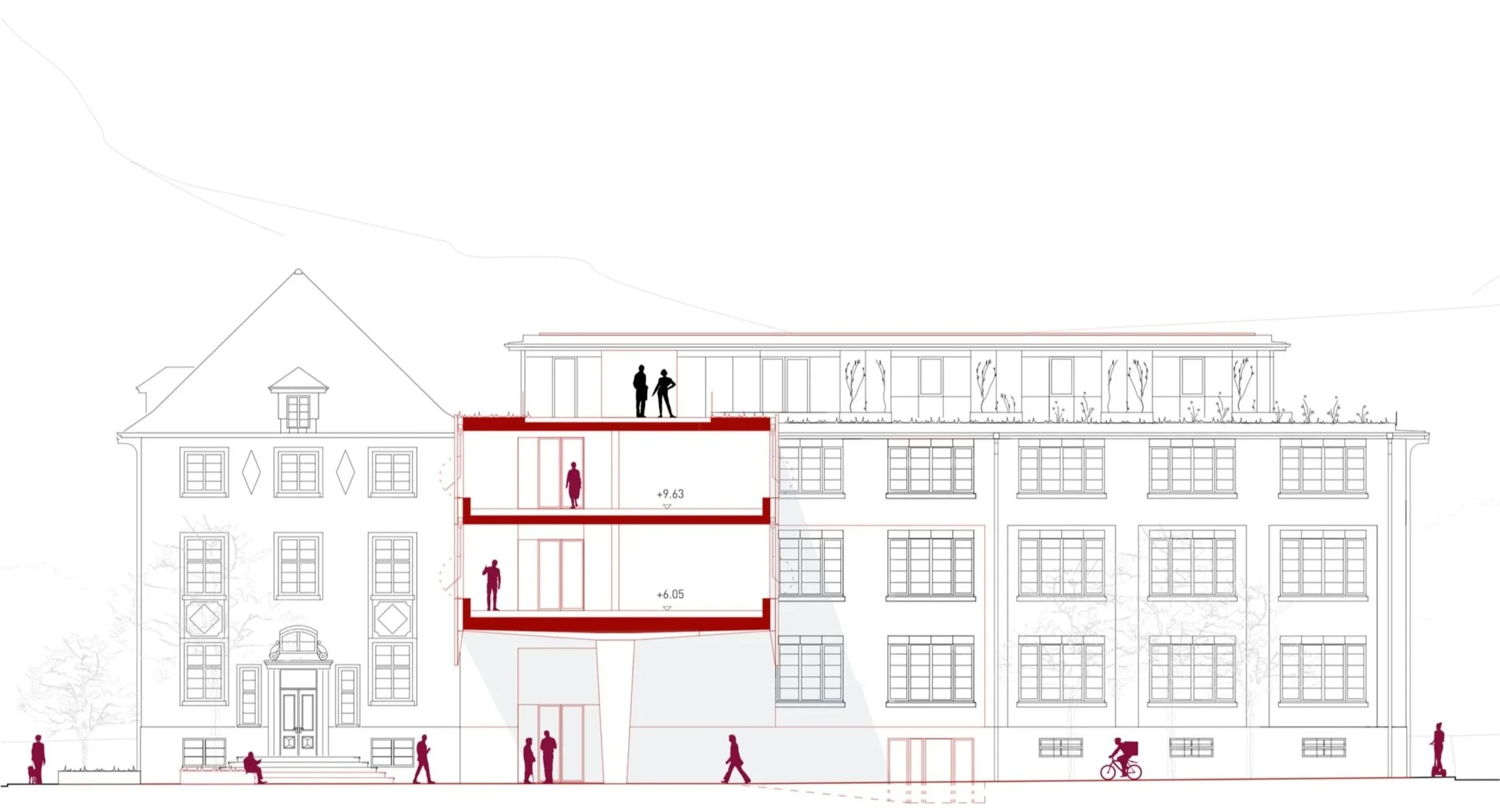 Architektonische Skizze eines Gebäudes mit mehreren Stockwerken, inklusive Grundrissen, Gebäudestruktur und Wanddetails, mit Figuren, die die Nutzung durch Menschen darstellen.