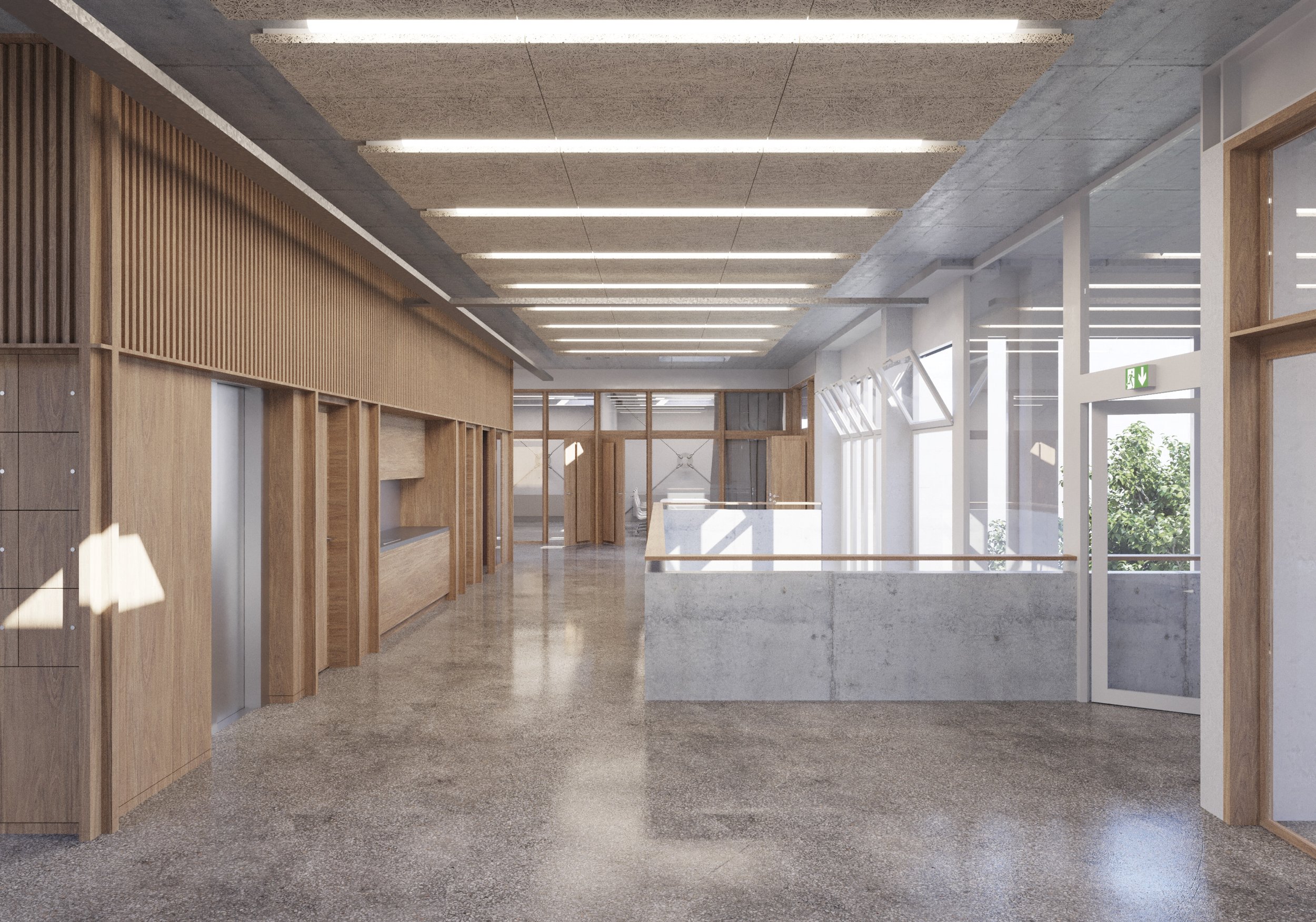 Architektin Architekt Architekturbüro Mollis Glarus Riedl Architekten Projekte Innenansicht eines modernen, hellen Gebäudes mit Holzwänden, großen Fenstern und Deckenleuchten.