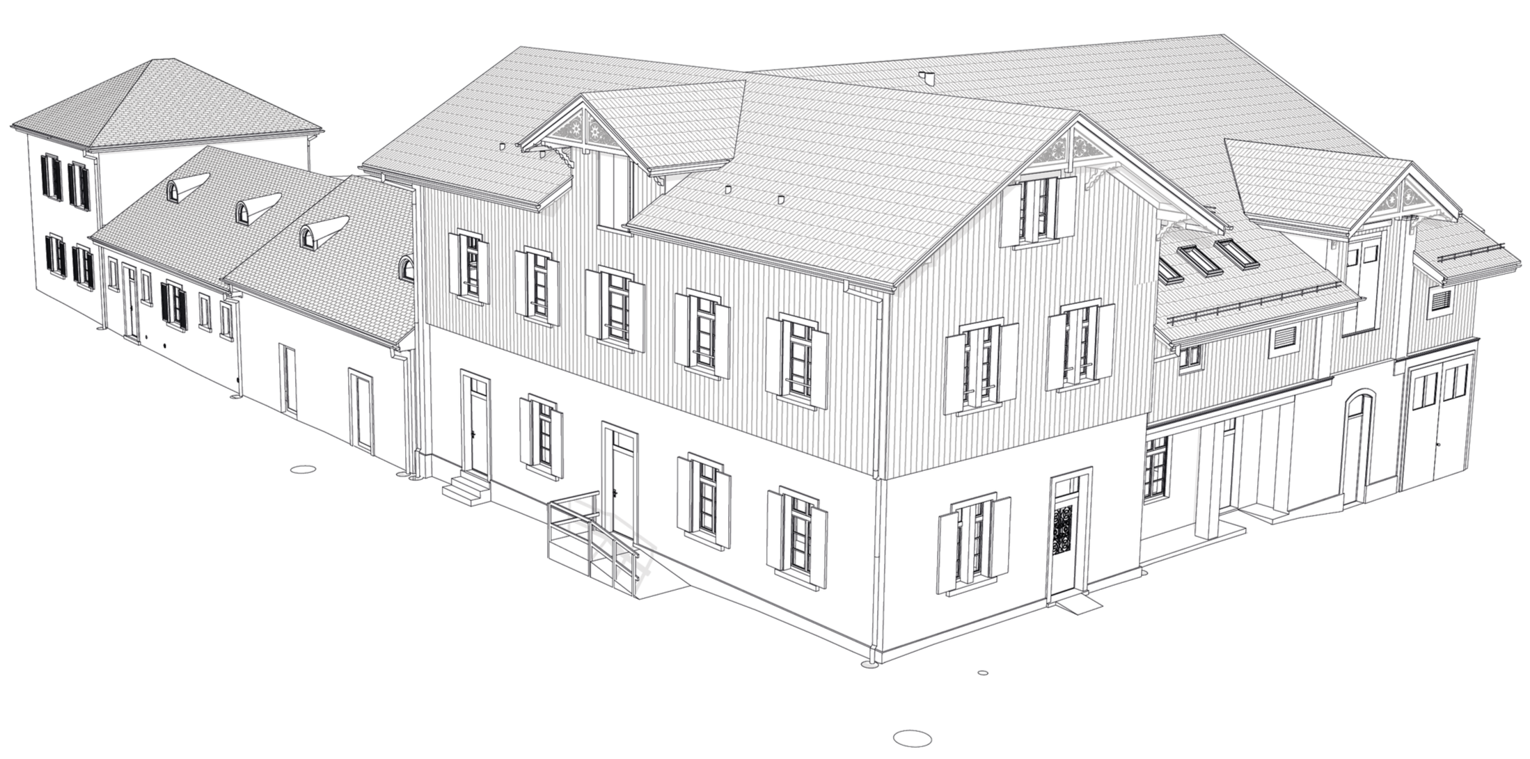 Schwarz-weiß 3D-Render einer mehrstöckigen Villa mit Satteldächern, Fenstern mit Fensterläden und mehreren Terrassen.